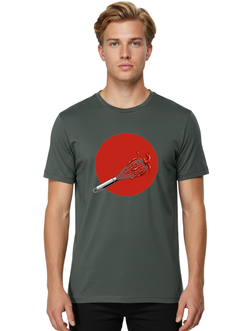 Whisk Men'S Graphic Tee, 100% Cotton, Comfortable Casual Summer Wear, Machine Washable, Kitchen Utensil, Silver Whisk, Cooking Tool, Red Sauce Splatter, Splattered Liquid, Messy Kitchen, Culinary Art Bad913
