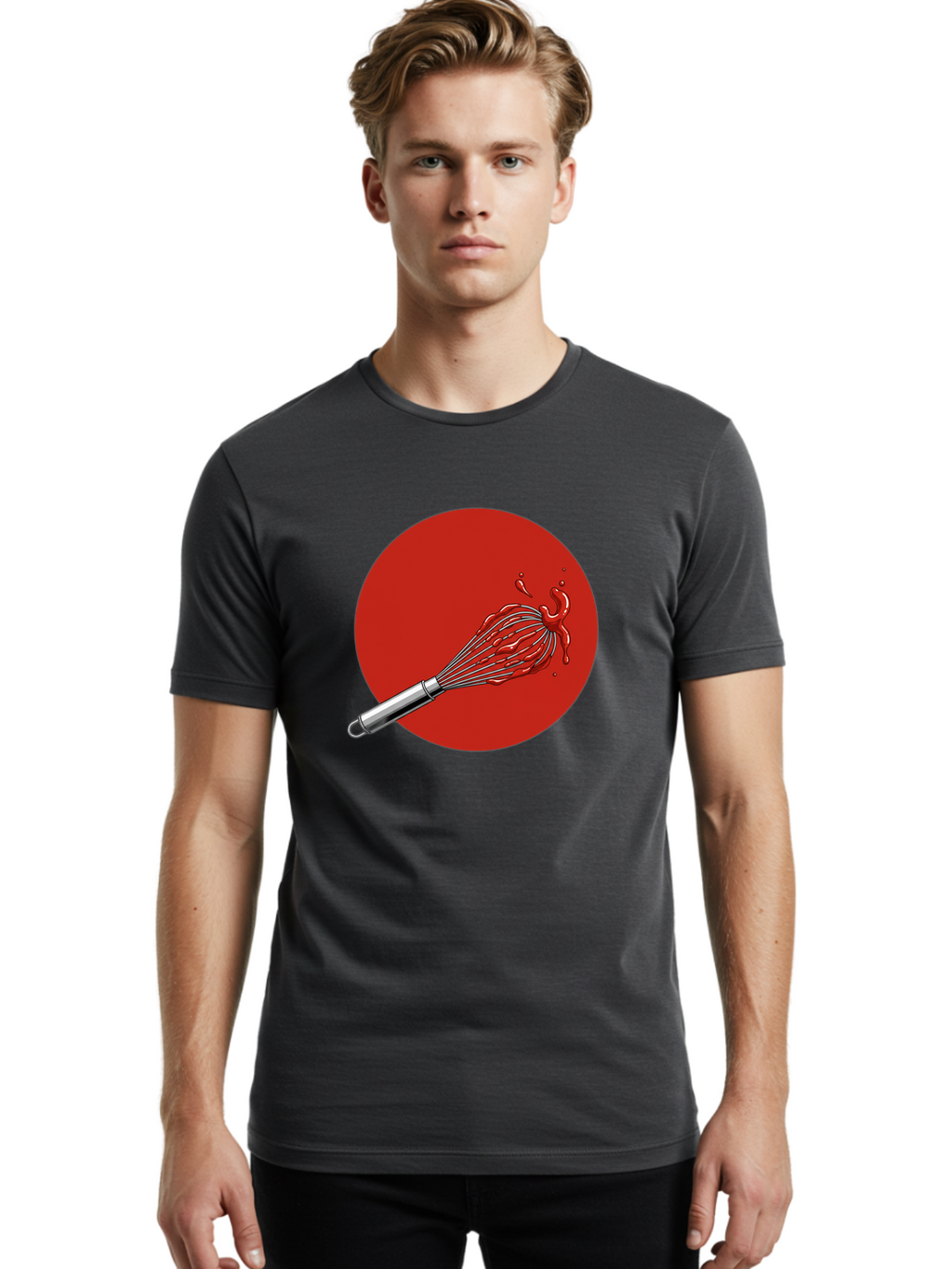 Whisk Men'S Graphic Tee, 100% Cotton, Comfortable Casual Summer Wear, Machine Washable, Kitchen Utensil, Silver Whisk, Cooking Tool, Red Sauce Splatter, Splattered Liquid, Messy Kitchen, Culinary Art Bad913