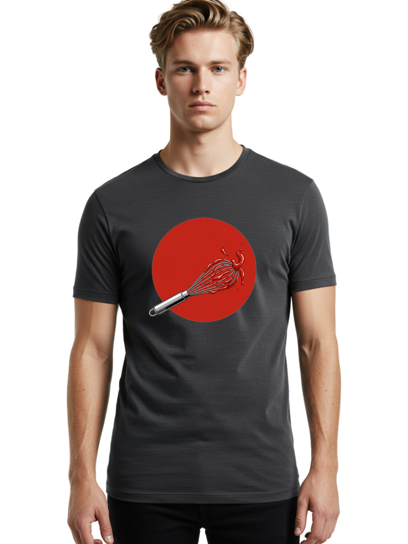 Whisk Men'S Graphic Tee, 100% Cotton, Comfortable Casual Summer Wear, Machine Washable, Kitchen Utensil, Silver Whisk, Cooking Tool, Red Sauce Splatter, Splattered Liquid, Messy Kitchen, Culinary Art Bad913