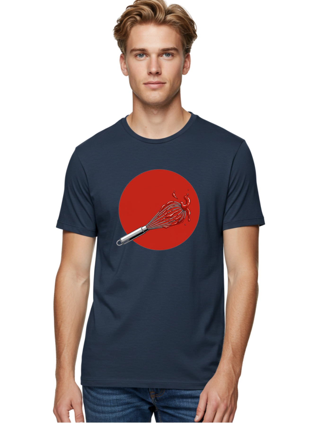 Whisk Men'S Graphic Tee, 100% Cotton, Comfortable Casual Summer Wear, Machine Washable, Kitchen Utensil, Silver Whisk, Cooking Tool, Red Sauce Splatter, Splattered Liquid, Messy Kitchen, Culinary Art Bad913