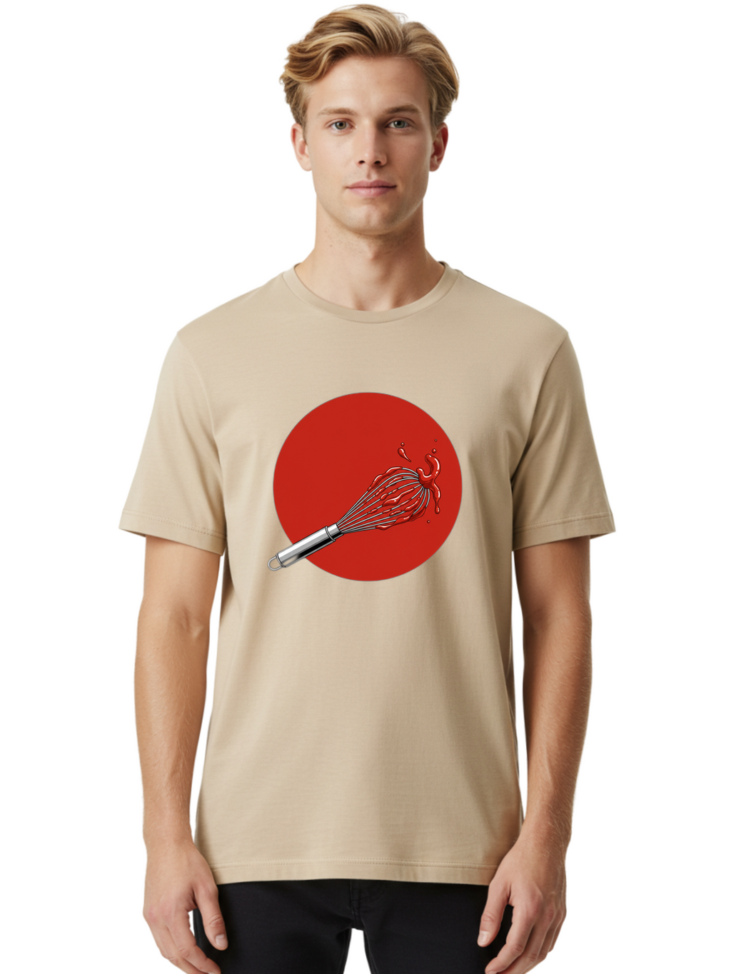 Whisk Men'S Graphic Tee, 100% Cotton, Comfortable Casual Summer Wear, Machine Washable, Kitchen Utensil, Silver Whisk, Cooking Tool, Red Sauce Splatter, Splattered Liquid, Messy Kitchen, Culinary Art Bad913