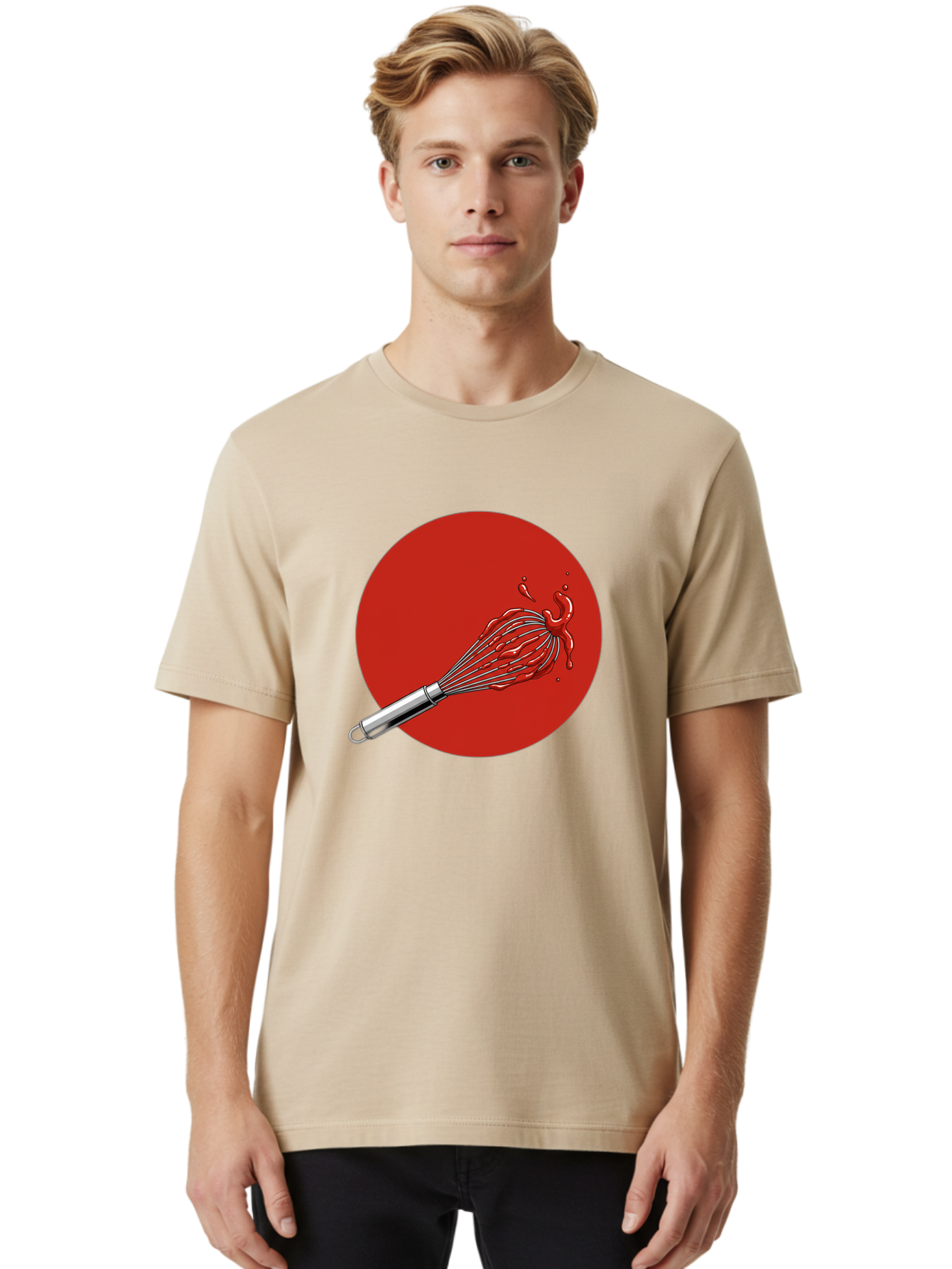 Whisk Men'S Graphic Tee, 100% Cotton, Comfortable Casual Summer Wear, Machine Washable, Kitchen Utensil, Silver Whisk, Cooking Tool, Red Sauce Splatter, Splattered Liquid, Messy Kitchen, Culinary Art Bad913