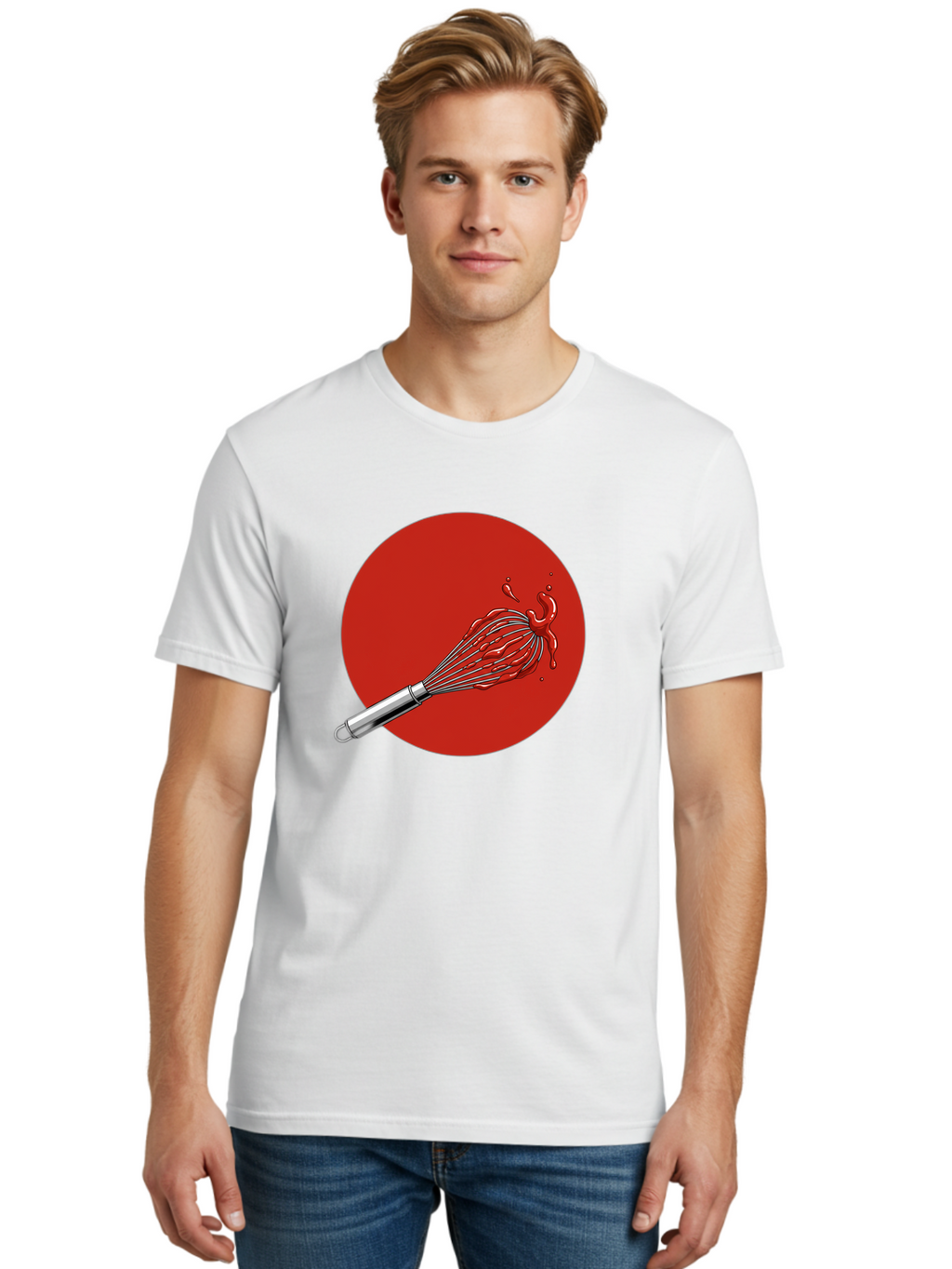 Whisk Men'S Graphic Tee, 100% Cotton, Comfortable Casual Summer Wear, Machine Washable, Kitchen Utensil, Silver Whisk, Cooking Tool, Red Sauce Splatter, Splattered Liquid, Messy Kitchen, Culinary Art Bad913