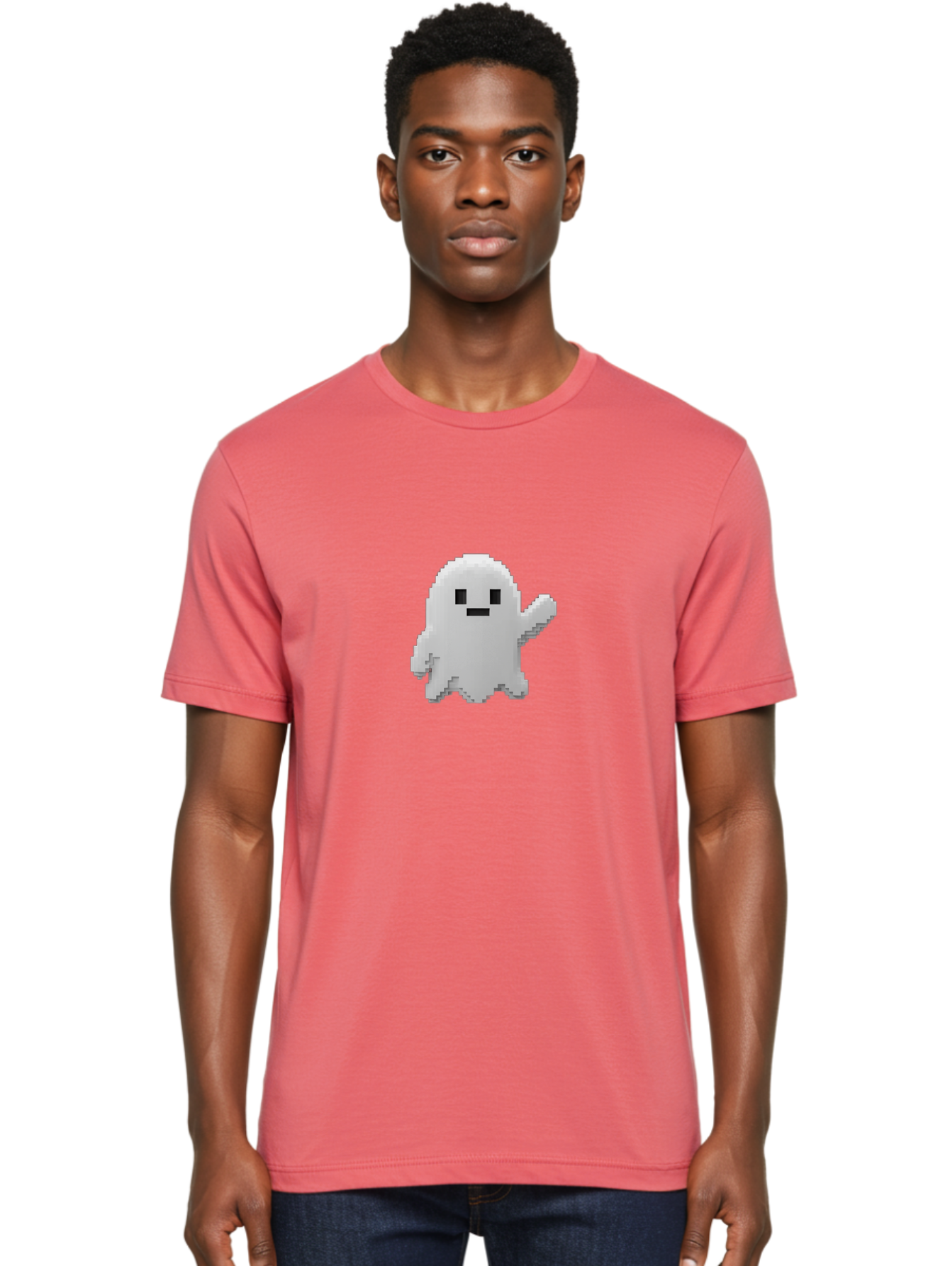 White-Ghost Men'S Graphic Tee, 100% Cotton, Comfortable Casual Summer Wear, Machine Washable, White Ghost Pixel Art, Friendly Ghost, Cute Character, Cartoon Style, Retro Video Game, Pixelated Graphics, Adorable Creature, Waving Ghost Bad914