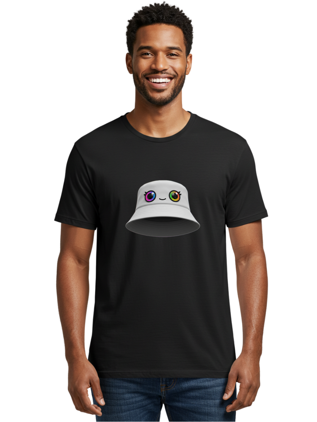 White-Hat-With-Eyes Men'S Graphic Tee, 100% Cotton, Comfortable Casual Summer Wear, Machine Washable, Bucket Hat, Cartoon Eyes, Rainbow Colors, Kawaii Fashion, Colorful Accessories, Streetwear, Hat Design, Smiley Face Bad915