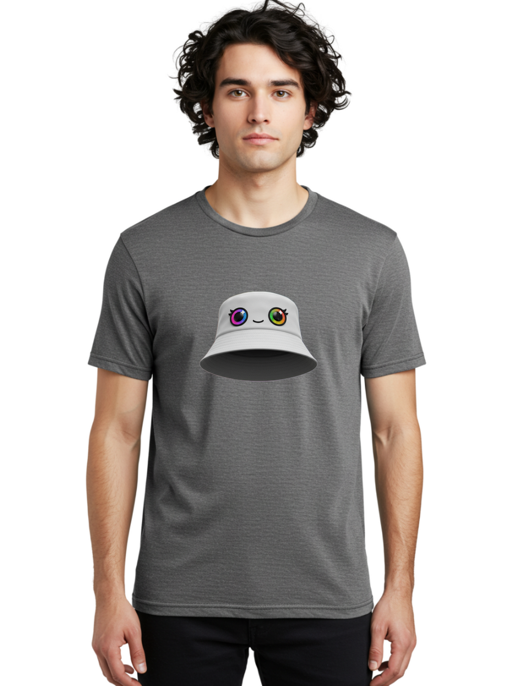 White-Hat-With-Eyes Men'S Graphic Tee, 100% Cotton, Comfortable Casual Summer Wear, Machine Washable, Bucket Hat, Cartoon Eyes, Rainbow Colors, Kawaii Fashion, Colorful Accessories, Streetwear, Hat Design, Smiley Face Bad915