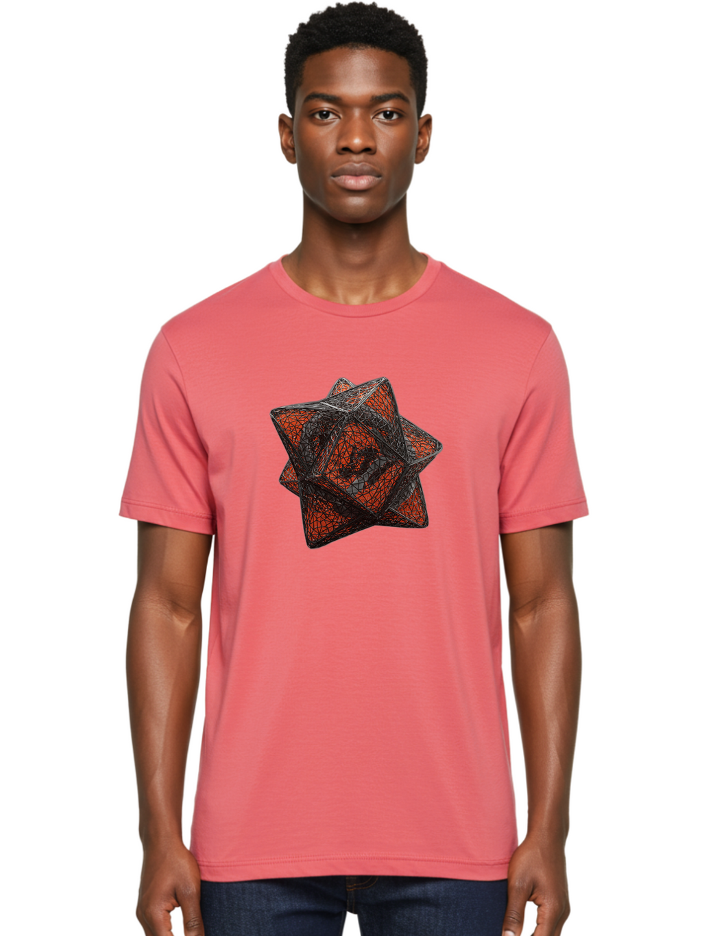 Wireframe-Star Men'S Graphic Tee, 100% Cotton, Comfortable Casual Summer Wear, Machine Washable, Geometric Star Shape, Complex 3D Structure, Red And Black Geometric Pattern, Intricate Angular Design, Polygon Mesh Art Bad917
