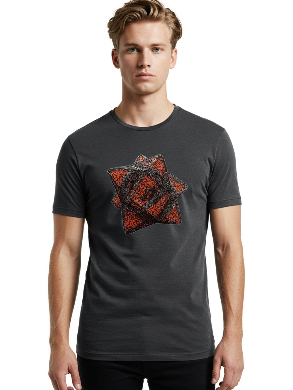 Wireframe-Star Men'S Graphic Tee, 100% Cotton, Comfortable Casual Summer Wear, Machine Washable, Geometric Star Shape, Complex 3D Structure, Red And Black Geometric Pattern, Intricate Angular Design, Polygon Mesh Art Bad917