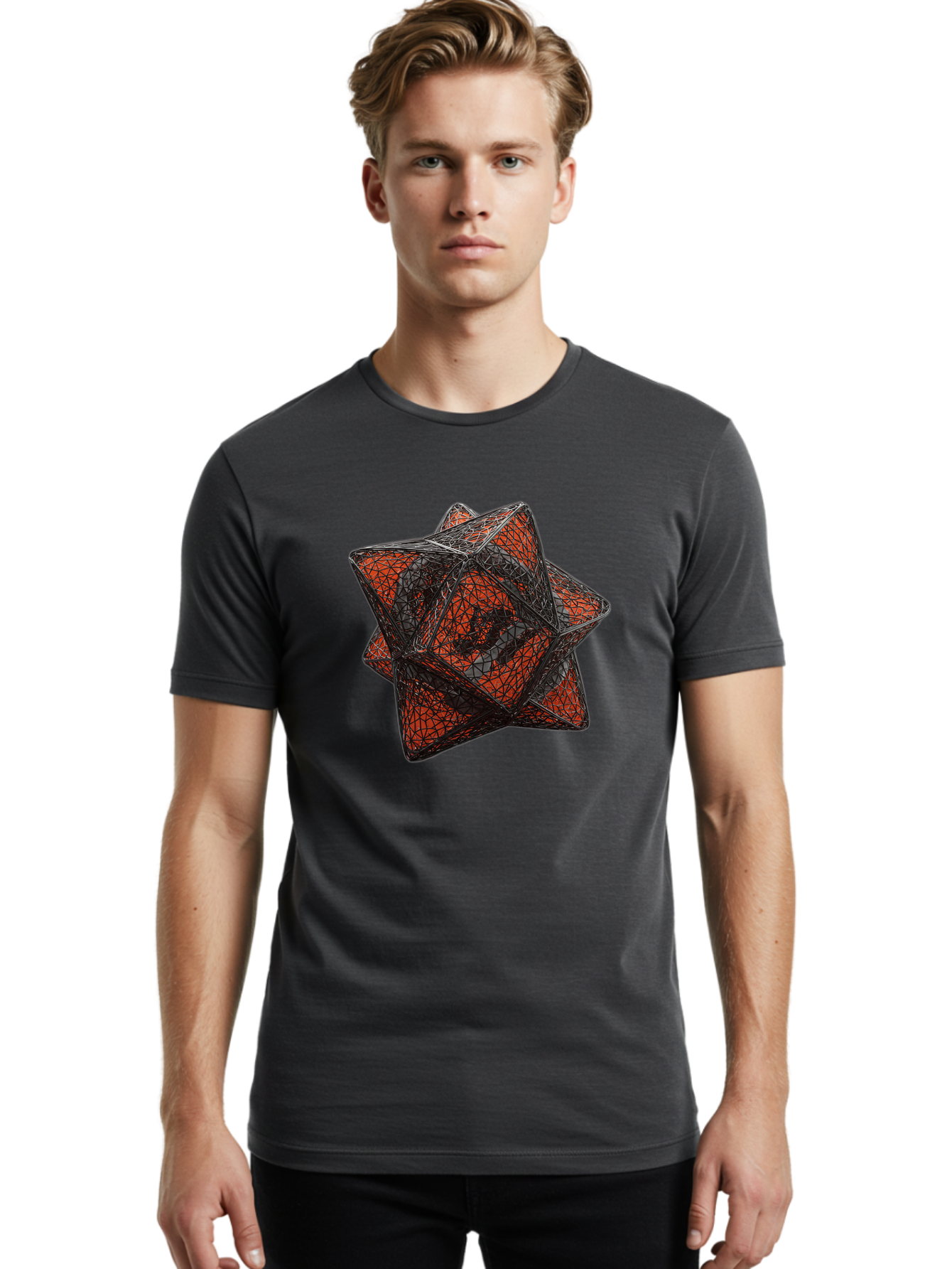 Wireframe-Star Men'S Graphic Tee, 100% Cotton, Comfortable Casual Summer Wear, Machine Washable, Geometric Star Shape, Complex 3D Structure, Red And Black Geometric Pattern, Intricate Angular Design, Polygon Mesh Art Bad917