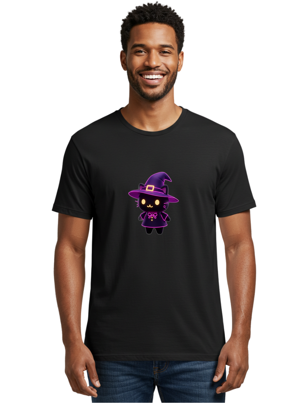 Witch-Cat Men'S Graphic Tee, 100% Cotton, Comfortable Casual Summer Wear, Machine Washable, Cartoon Black Cat, Witch Costume, Purple Hat, Gold Buckle, Pink Bow, Cute Design, Kawaii Style, Halloween Theme, Adorable Cat Character Bad918