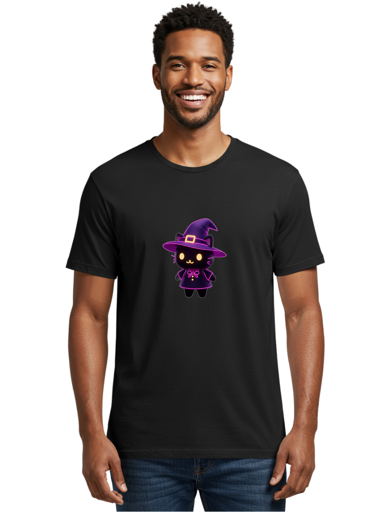 Witch-Cat Men'S Graphic Tee, 100% Cotton, Comfortable Casual Summer Wear, Machine Washable, Cartoon Black Cat, Witch Costume, Purple Hat, Gold Buckle, Pink Bow, Cute Design, Kawaii Style, Halloween Theme, Adorable Cat Character Bad918