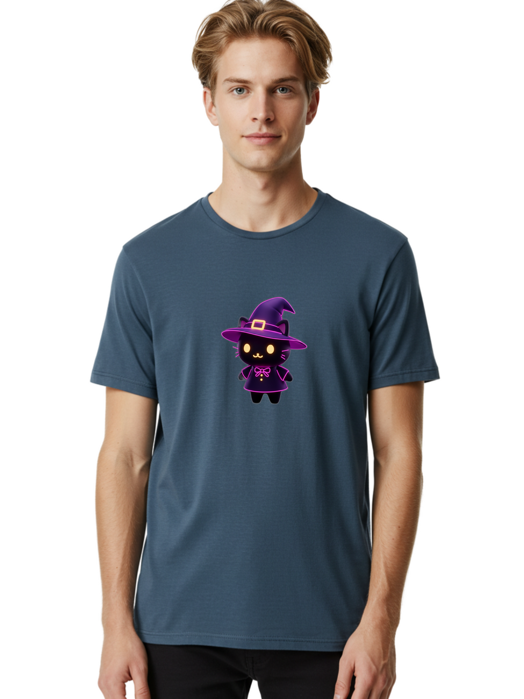 Witch-Cat Men'S Graphic Tee, 100% Cotton, Comfortable Casual Summer Wear, Machine Washable, Cartoon Black Cat, Witch Costume, Purple Hat, Gold Buckle, Pink Bow, Cute Design, Kawaii Style, Halloween Theme, Adorable Cat Character Bad918