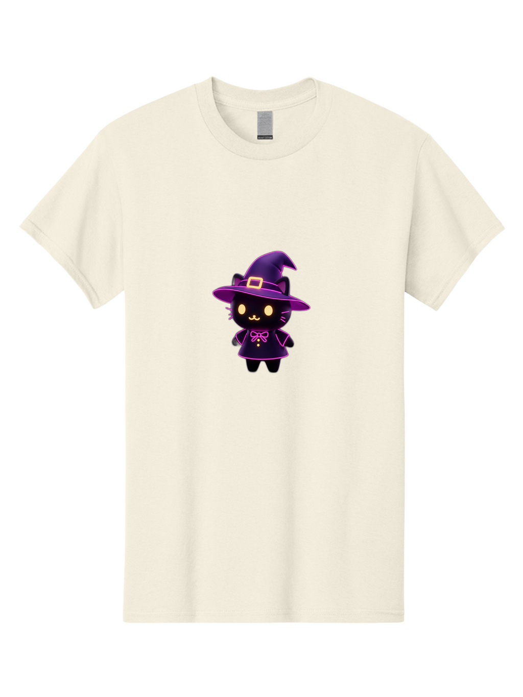 Witch-Cat Men'S Graphic Tee, 100% Cotton, Comfortable Casual Summer Wear, Machine Washable, Cartoon Black Cat, Witch Costume, Purple Hat, Gold Buckle, Pink Bow, Cute Design, Kawaii Style, Halloween Theme, Adorable Cat Character Bad918