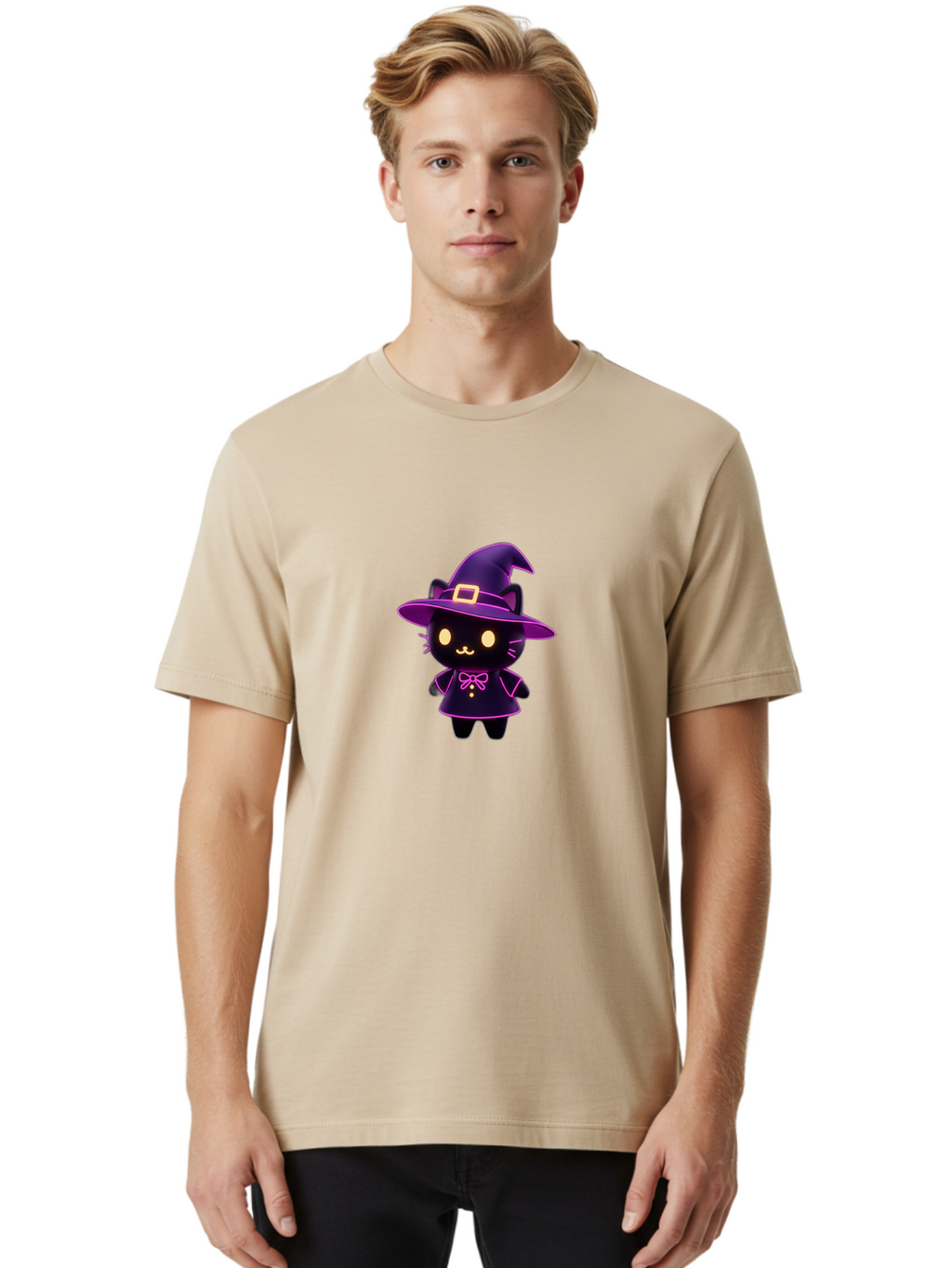 Witch-Cat Men'S Graphic Tee, 100% Cotton, Comfortable Casual Summer Wear, Machine Washable, Cartoon Black Cat, Witch Costume, Purple Hat, Gold Buckle, Pink Bow, Cute Design, Kawaii Style, Halloween Theme, Adorable Cat Character Bad918