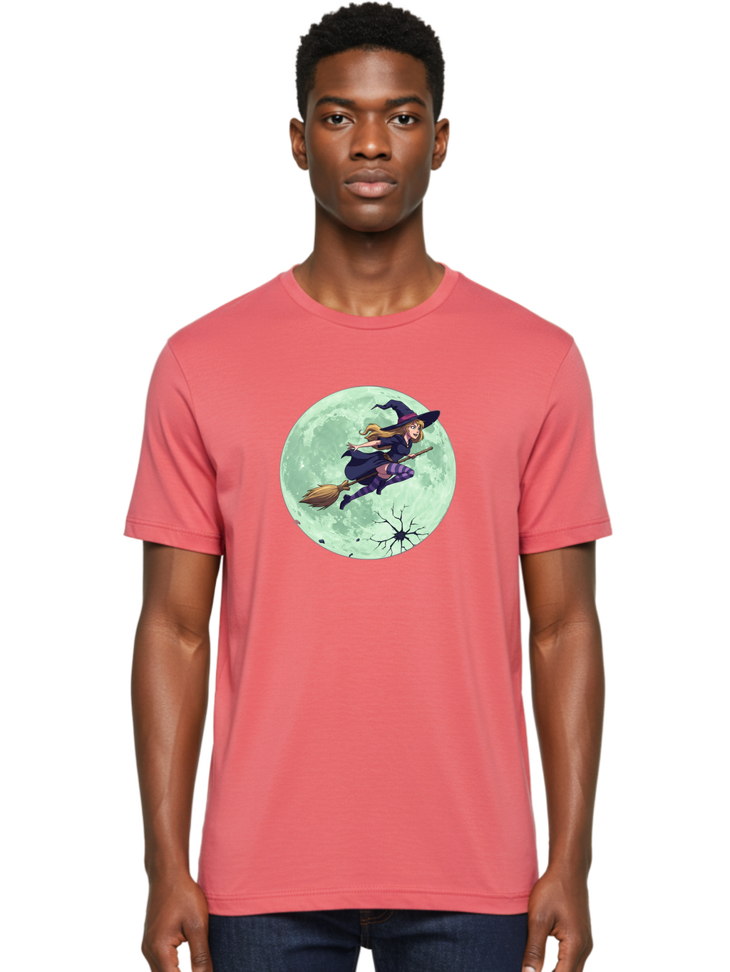 Witch-Flying-Broomstick Men'S Graphic Tee, 100% Cotton, Comfortable Casual Summer Wear, Machine Washable, Witch Flying On Broomstick, Full Moon, Halloween Magic, Fantasy Illustration, Mystical Night, Supernatural Creatures, Cartoon Style Bad919