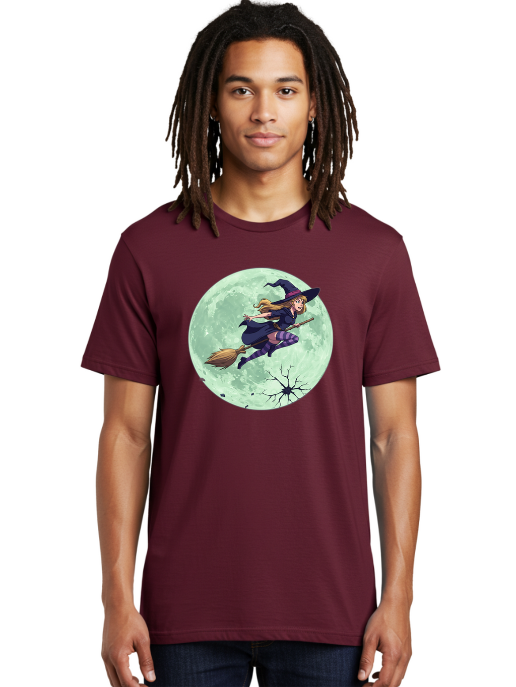 Witch-Flying-Broomstick Men'S Graphic Tee, 100% Cotton, Comfortable Casual Summer Wear, Machine Washable, Witch Flying On Broomstick, Full Moon, Halloween Magic, Fantasy Illustration, Mystical Night, Supernatural Creatures, Cartoon Style Bad919