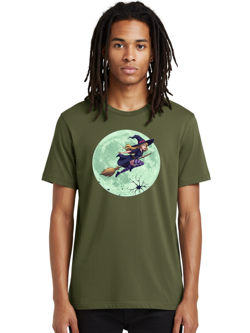 Witch-Flying-Broomstick Men'S Graphic Tee, 100% Cotton, Comfortable Casual Summer Wear, Machine Washable, Witch Flying On Broomstick, Full Moon, Halloween Magic, Fantasy Illustration, Mystical Night, Supernatural Creatures, Cartoon Style Bad919