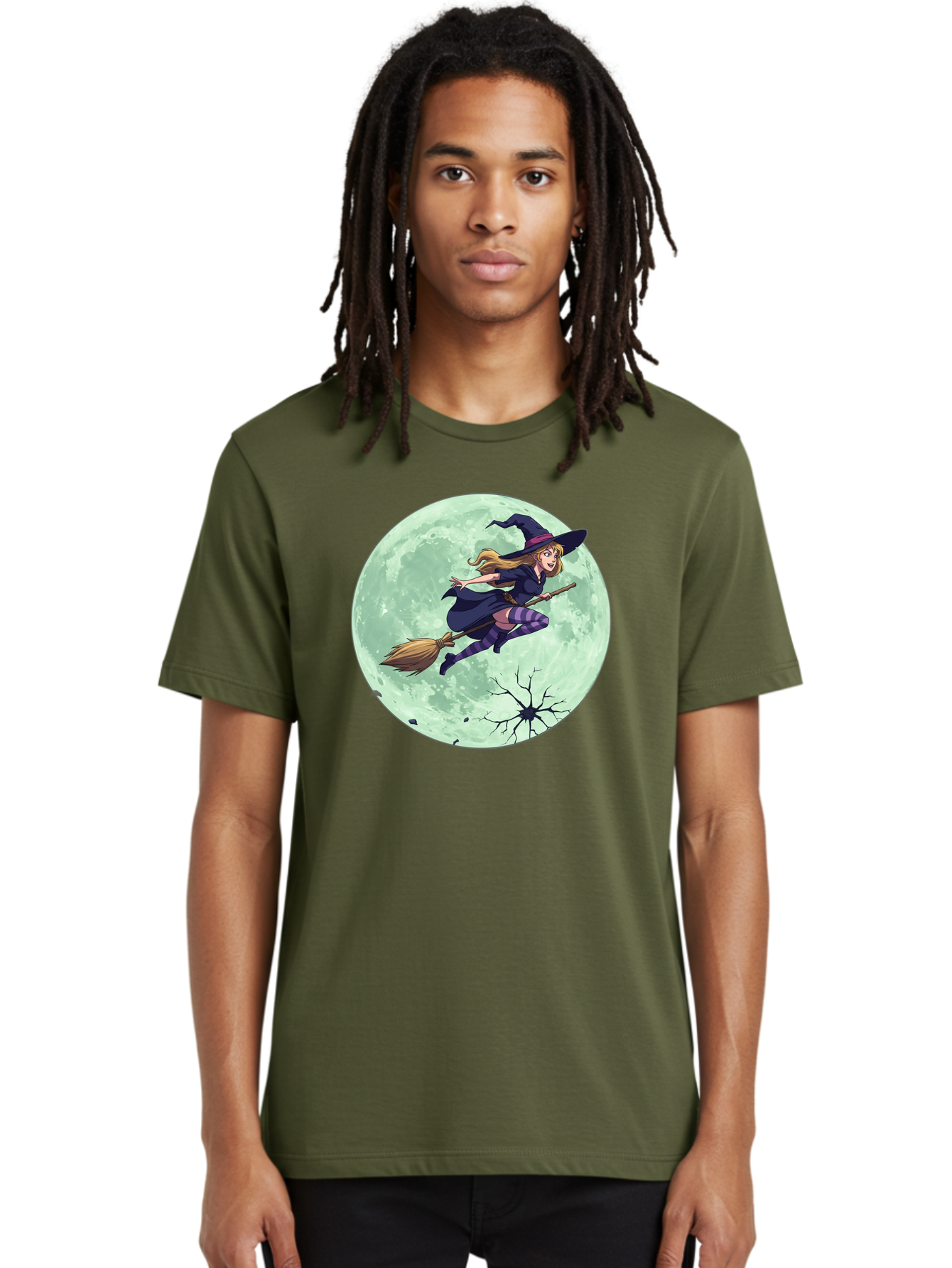 Witch-Flying-Broomstick Men'S Graphic Tee, 100% Cotton, Comfortable Casual Summer Wear, Machine Washable, Witch Flying On Broomstick, Full Moon, Halloween Magic, Fantasy Illustration, Mystical Night, Supernatural Creatures, Cartoon Style Bad919