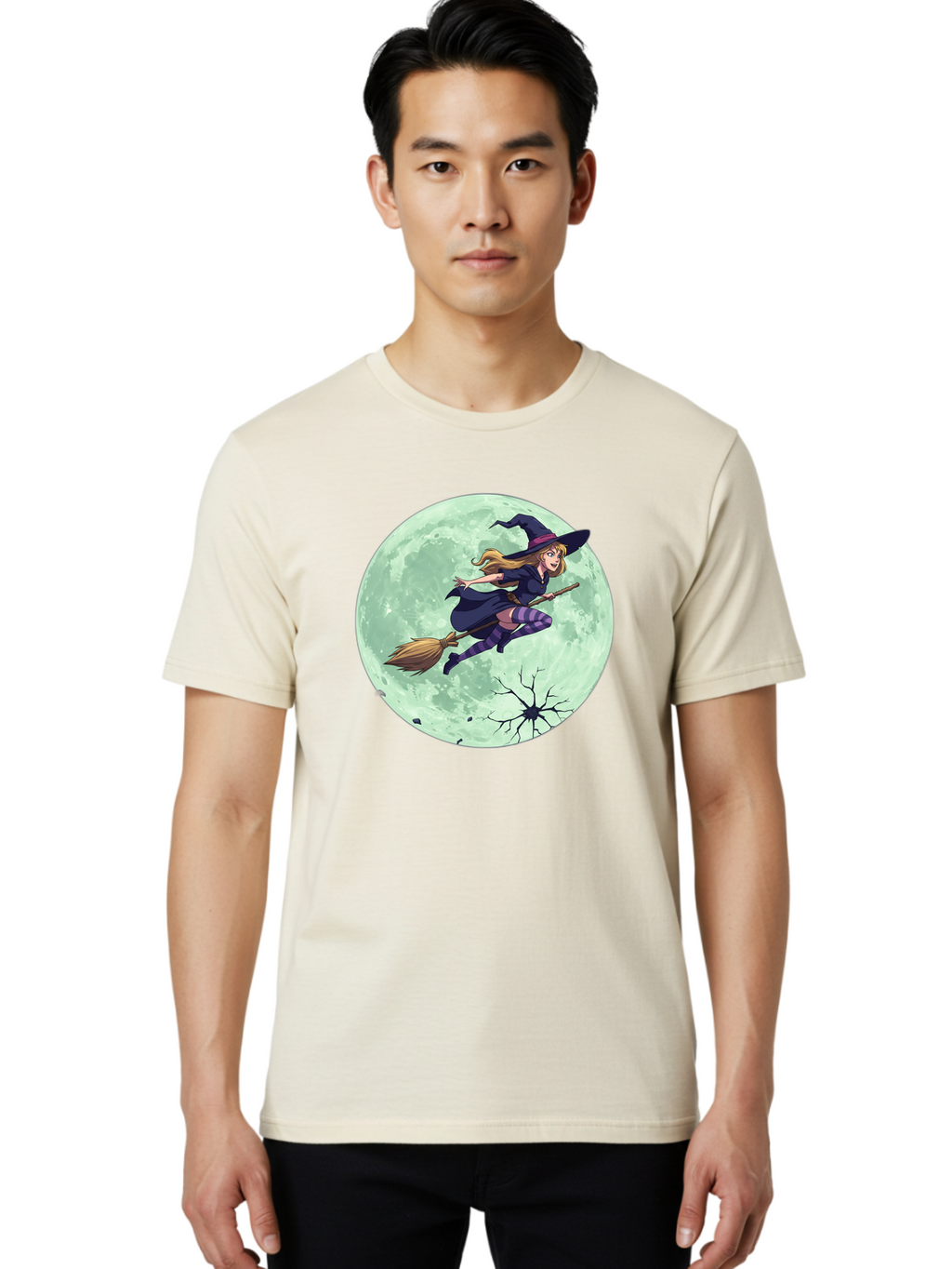 Witch-Flying-Broomstick Men'S Graphic Tee, 100% Cotton, Comfortable Casual Summer Wear, Machine Washable, Witch Flying On Broomstick, Full Moon, Halloween Magic, Fantasy Illustration, Mystical Night, Supernatural Creatures, Cartoon Style Bad919