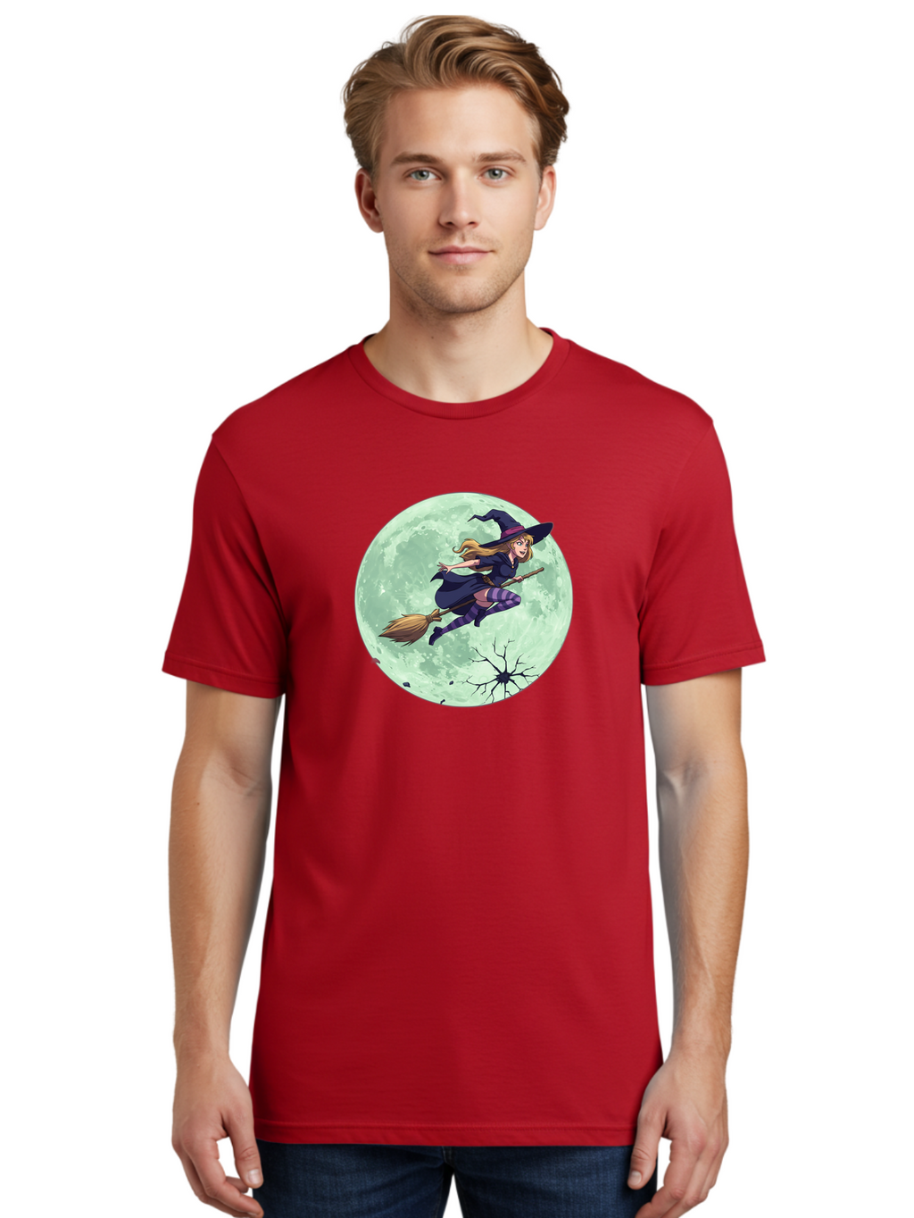 Witch-Flying-Broomstick Men'S Graphic Tee, 100% Cotton, Comfortable Casual Summer Wear, Machine Washable, Witch Flying On Broomstick, Full Moon, Halloween Magic, Fantasy Illustration, Mystical Night, Supernatural Creatures, Cartoon Style Bad919