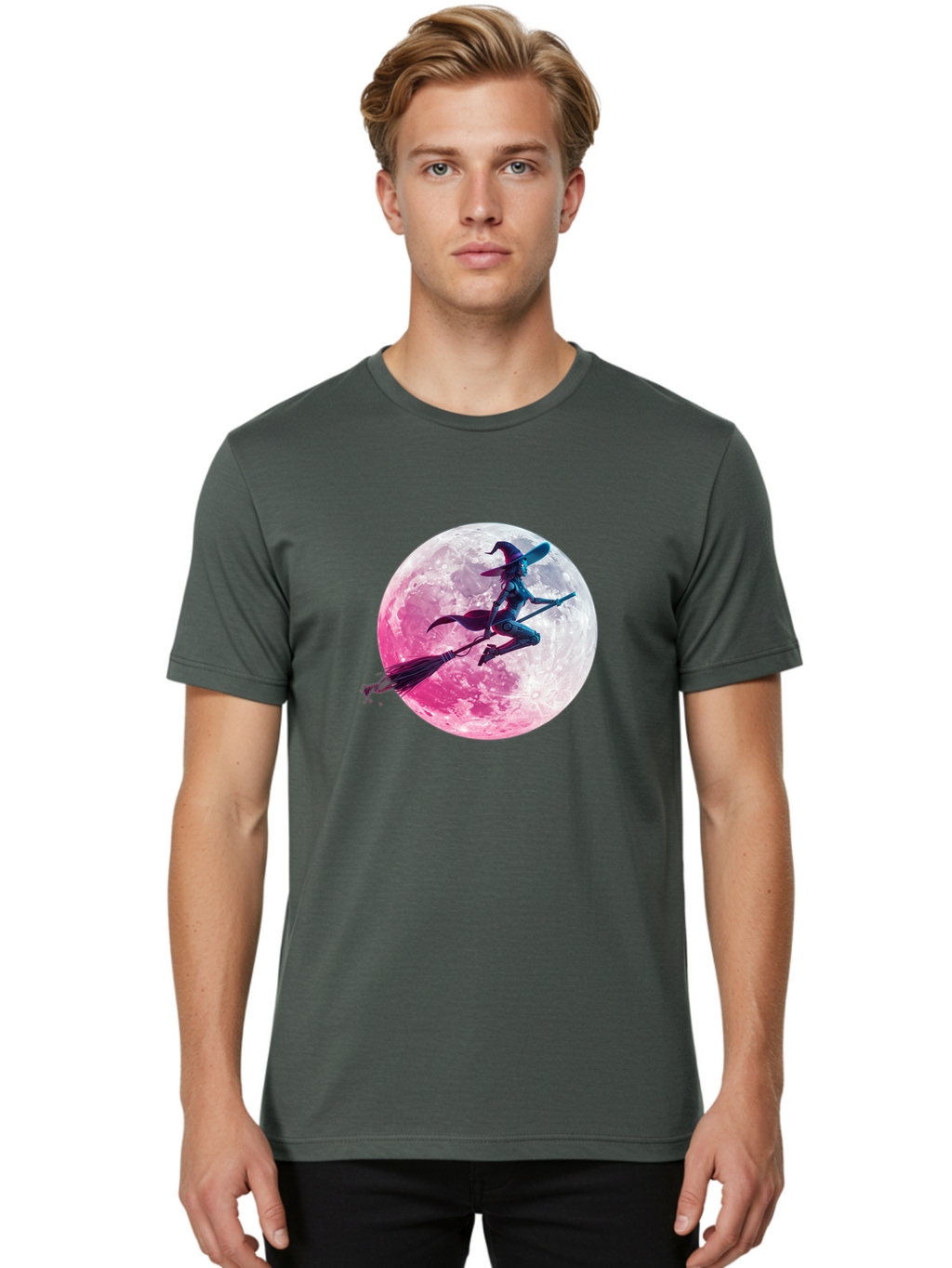 Witch-Flying-On-Broomstick-1 Men'S Graphic Tee, 100% Cotton, Comfortable Casual Summer Wear, Machine Washable, Witch Flying On Broomstick, Full Moon, Mystical Powers, Magical Night, Fantasy Scene, Supernatural Being, Occult Practices, Bad920