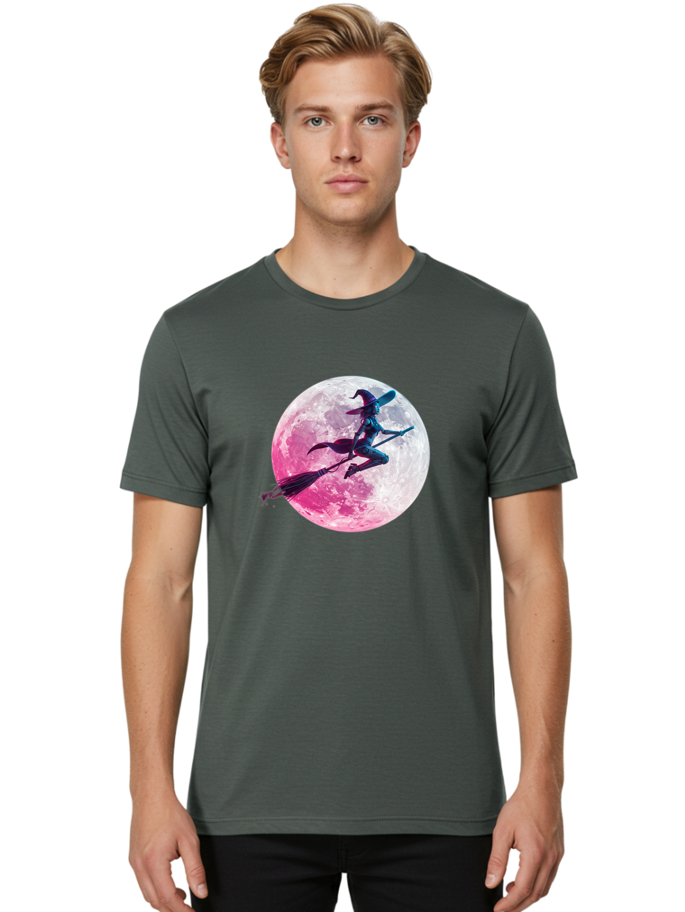 Witch-Flying-On-Broomstick-1 Men'S Graphic Tee, 100% Cotton, Comfortable Casual Summer Wear, Machine Washable, Witch Flying On Broomstick, Full Moon, Mystical Powers, Magical Night, Fantasy Scene, Supernatural Being, Occult Practices, Bad920