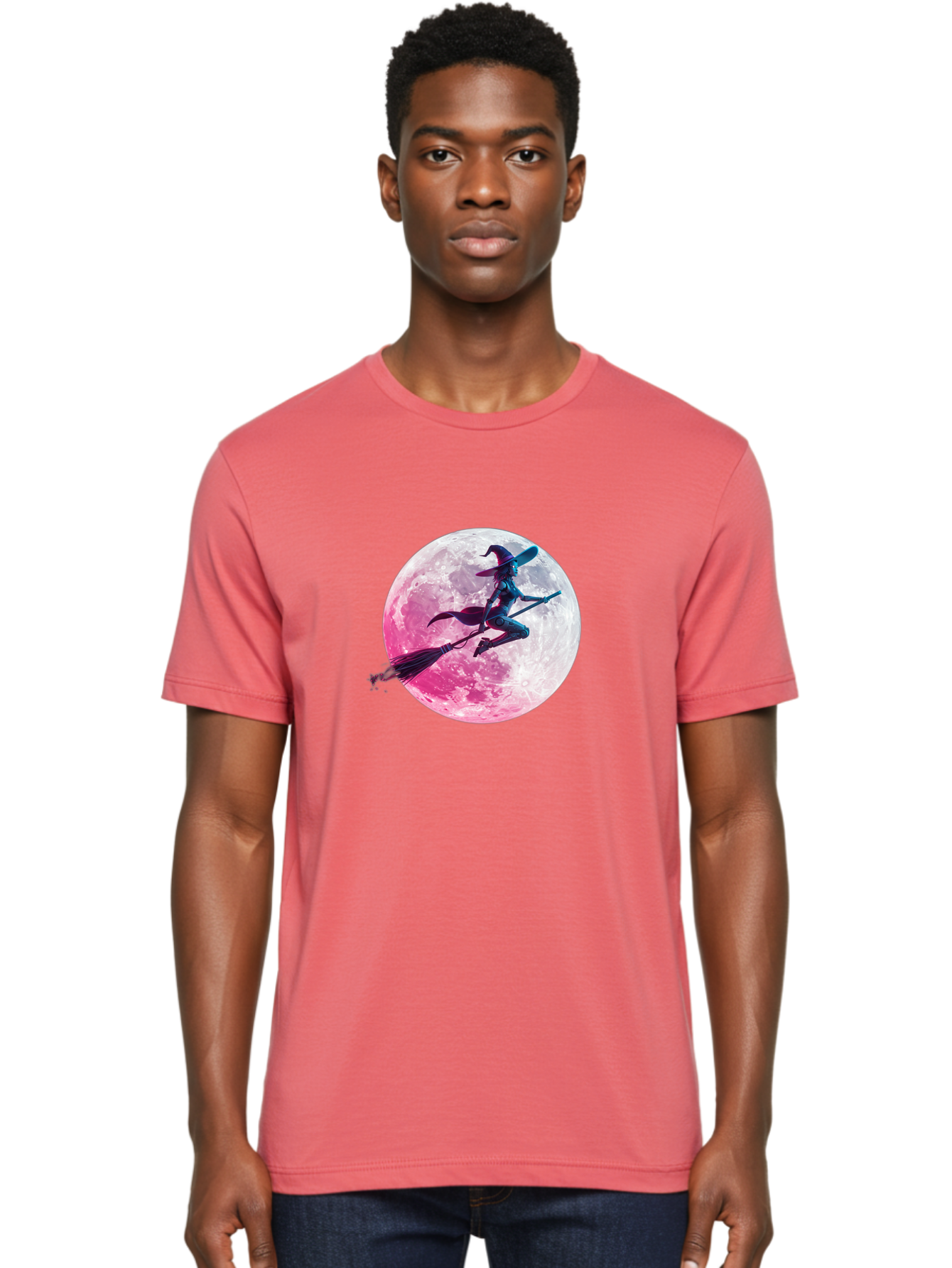 Witch-Flying-On-Broomstick-1 Men'S Graphic Tee, 100% Cotton, Comfortable Casual Summer Wear, Machine Washable, Witch Flying On Broomstick, Full Moon, Mystical Powers, Magical Night, Fantasy Scene, Supernatural Being, Occult Practices, Bad920