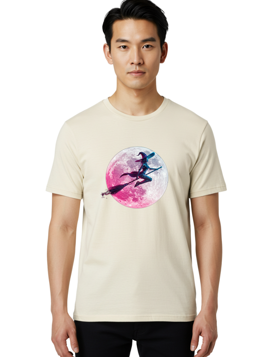 Witch-Flying-On-Broomstick-1 Men'S Graphic Tee, 100% Cotton, Comfortable Casual Summer Wear, Machine Washable, Witch Flying On Broomstick, Full Moon, Mystical Powers, Magical Night, Fantasy Scene, Supernatural Being, Occult Practices, Bad920