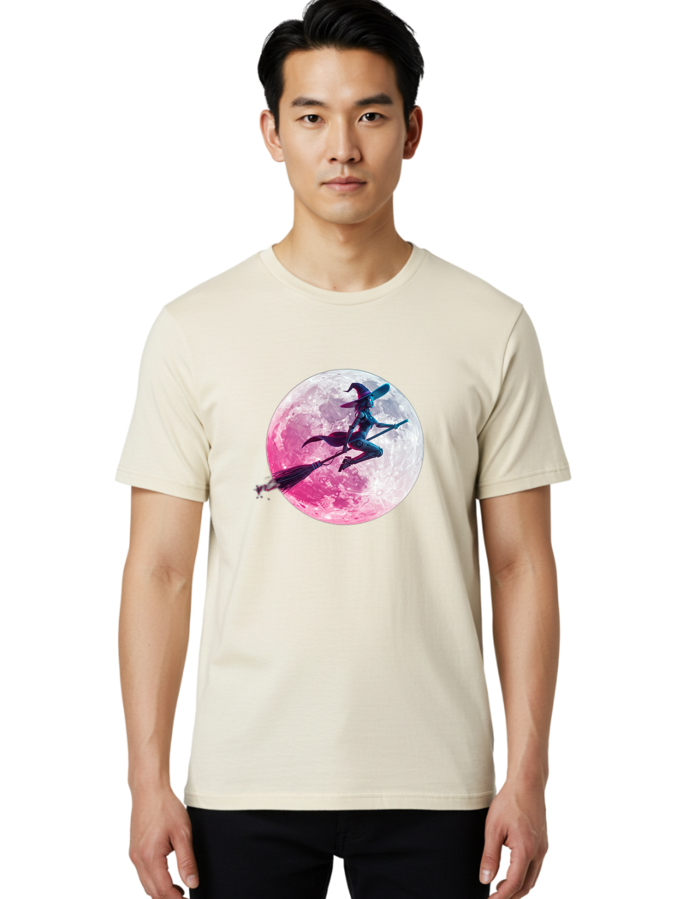 Witch-Flying-On-Broomstick-1 Men'S Graphic Tee, 100% Cotton, Comfortable Casual Summer Wear, Machine Washable, Witch Flying On Broomstick, Full Moon, Mystical Powers, Magical Night, Fantasy Scene, Supernatural Being, Occult Practices, Bad920