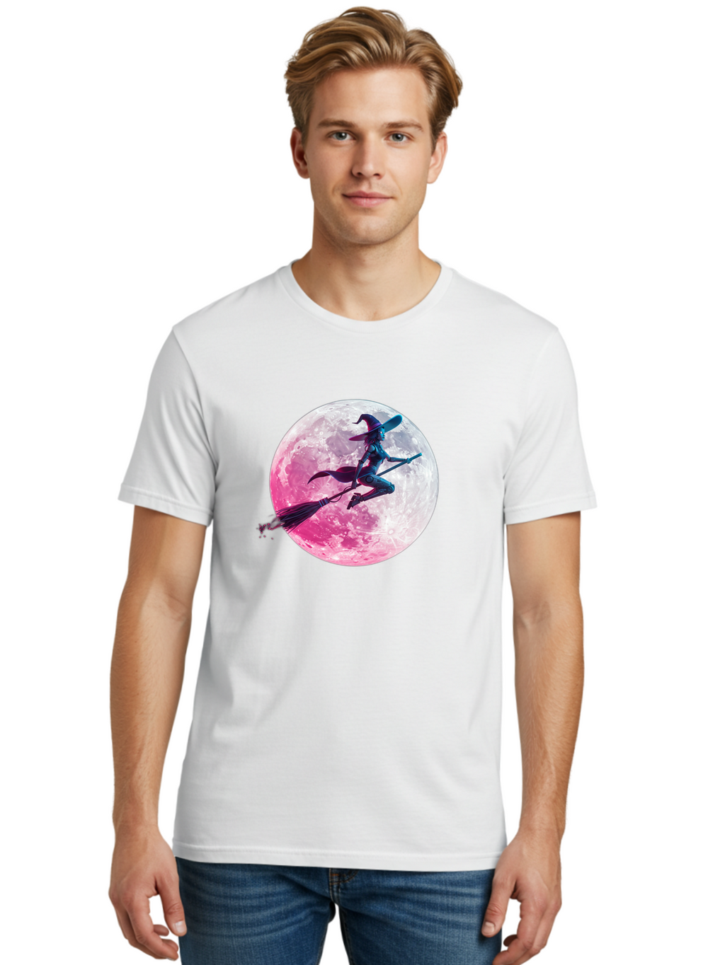 Witch-Flying-On-Broomstick-1 Men'S Graphic Tee, 100% Cotton, Comfortable Casual Summer Wear, Machine Washable, Witch Flying On Broomstick, Full Moon, Mystical Powers, Magical Night, Fantasy Scene, Supernatural Being, Occult Practices, Bad920