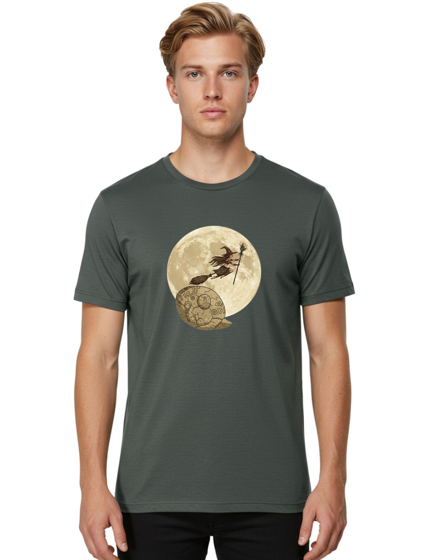 Witch-Flying-On-Broomstick-2 Men'S Graphic Tee, 100% Cotton, Comfortable Casual Summer Wear, Machine Washable, Witch Flying On Broomstick, Full Moon, Mystical Symbols, Lunar Magic, Fantasy Art, Halloween Theme, Mystical Creatures, Bad921