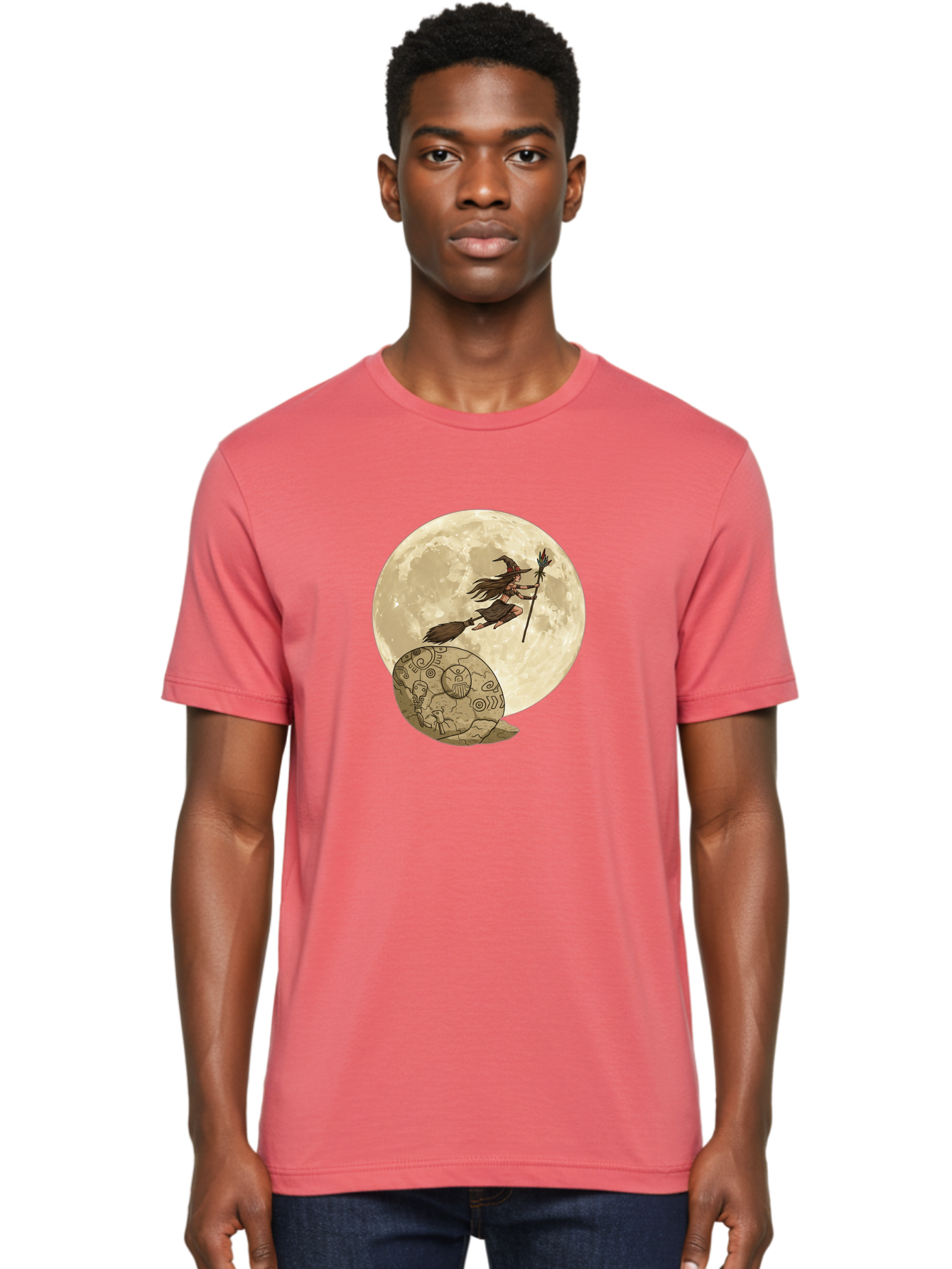 Witch-Flying-On-Broomstick-2 Men'S Graphic Tee, 100% Cotton, Comfortable Casual Summer Wear, Machine Washable, Witch Flying On Broomstick, Full Moon, Mystical Symbols, Lunar Magic, Fantasy Art, Halloween Theme, Mystical Creatures, Bad921