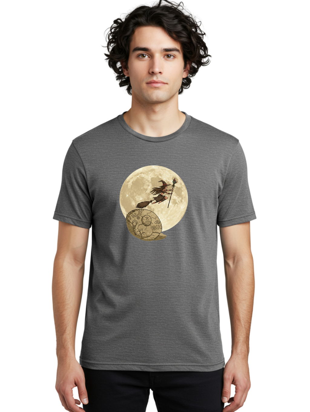 Witch-Flying-On-Broomstick-2 Men'S Graphic Tee, 100% Cotton, Comfortable Casual Summer Wear, Machine Washable, Witch Flying On Broomstick, Full Moon, Mystical Symbols, Lunar Magic, Fantasy Art, Halloween Theme, Mystical Creatures, Bad921