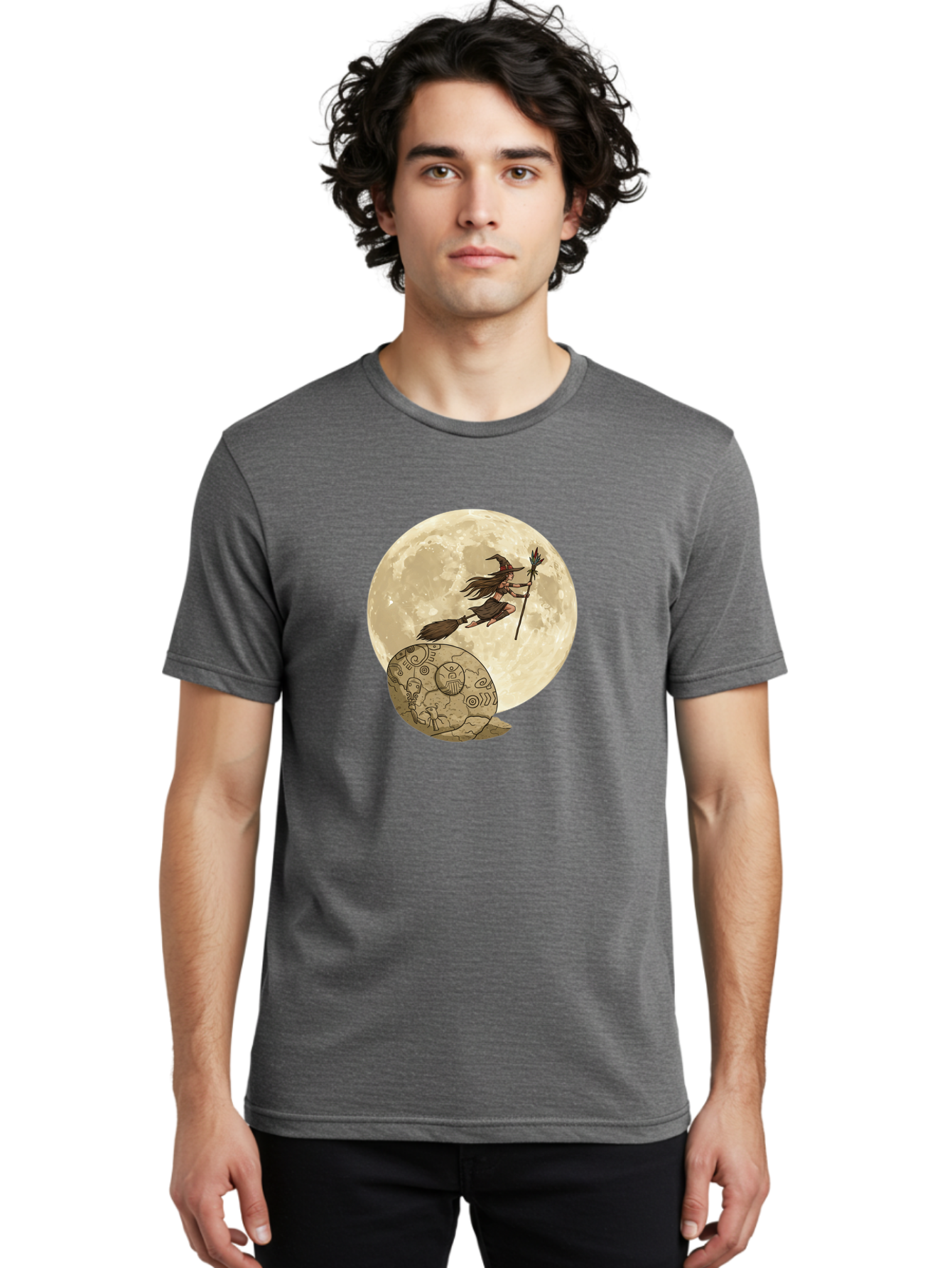 Witch-Flying-On-Broomstick-2 Men'S Graphic Tee, 100% Cotton, Comfortable Casual Summer Wear, Machine Washable, Witch Flying On Broomstick, Full Moon, Mystical Symbols, Lunar Magic, Fantasy Art, Halloween Theme, Mystical Creatures, Bad921