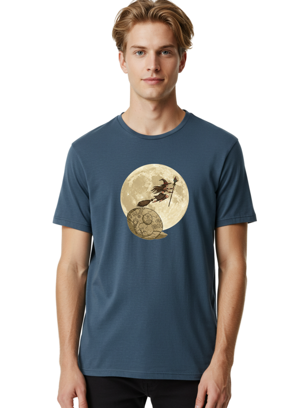Witch-Flying-On-Broomstick-2 Men'S Graphic Tee, 100% Cotton, Comfortable Casual Summer Wear, Machine Washable, Witch Flying On Broomstick, Full Moon, Mystical Symbols, Lunar Magic, Fantasy Art, Halloween Theme, Mystical Creatures, Bad921