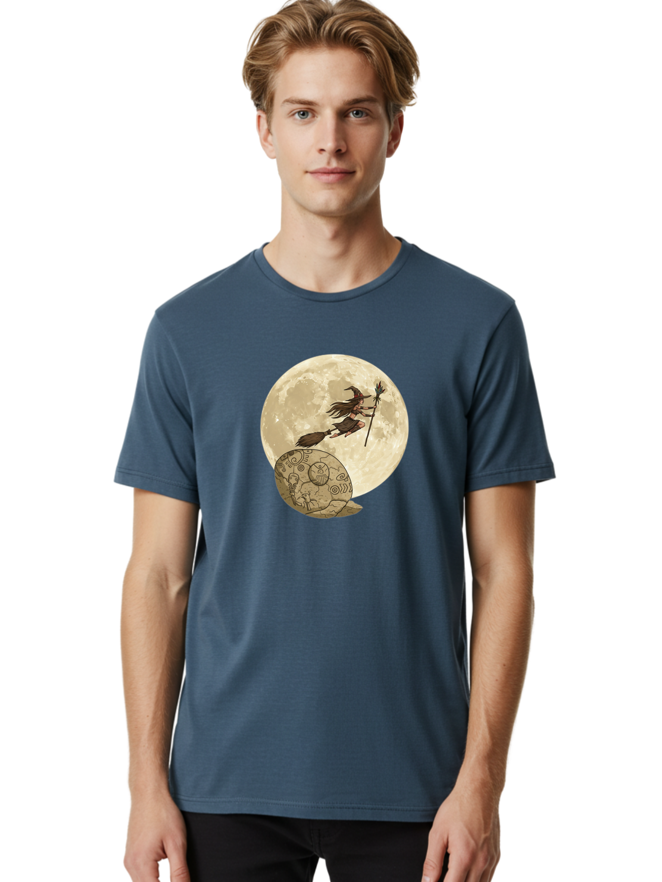 Witch-Flying-On-Broomstick-2 Men'S Graphic Tee, 100% Cotton, Comfortable Casual Summer Wear, Machine Washable, Witch Flying On Broomstick, Full Moon, Mystical Symbols, Lunar Magic, Fantasy Art, Halloween Theme, Mystical Creatures, Bad921