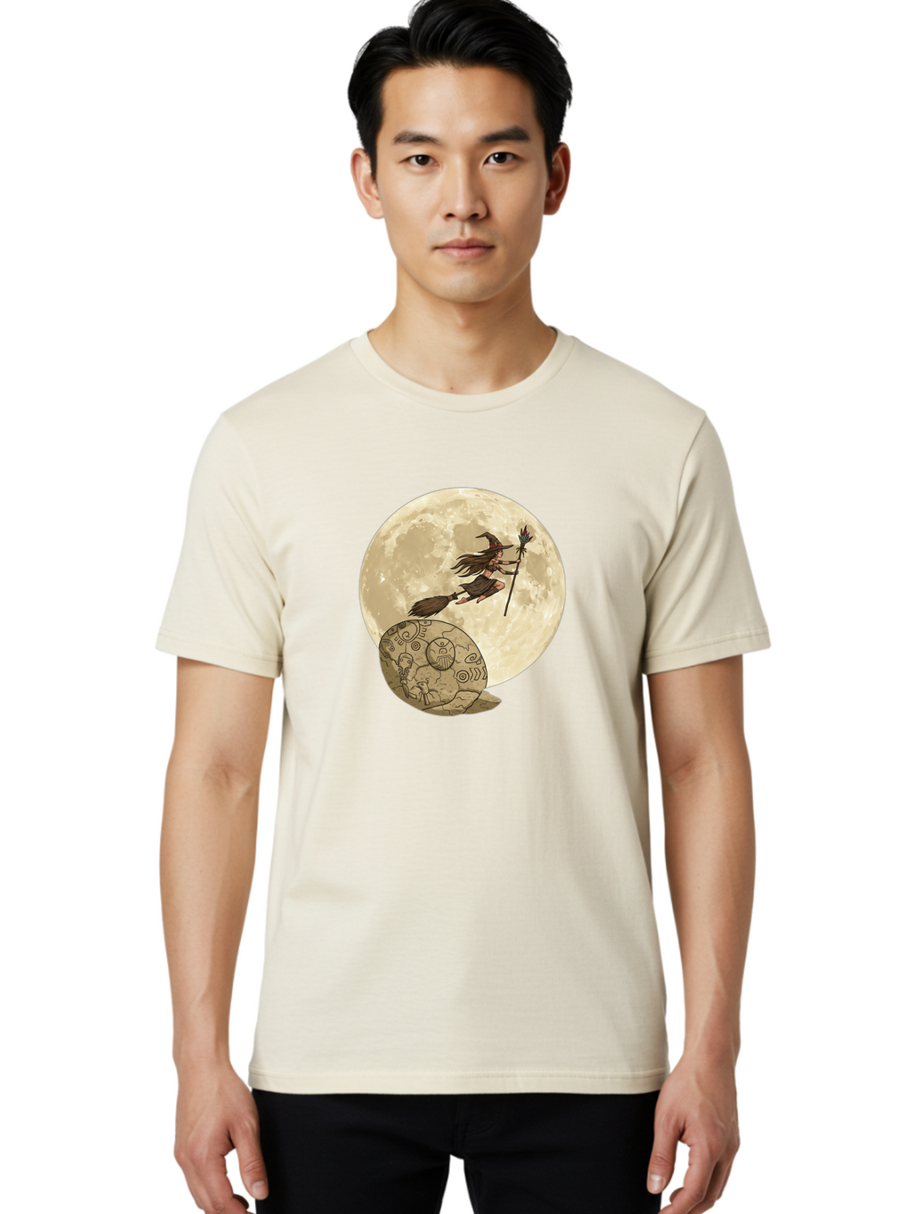 Witch-Flying-On-Broomstick-2 Men'S Graphic Tee, 100% Cotton, Comfortable Casual Summer Wear, Machine Washable, Witch Flying On Broomstick, Full Moon, Mystical Symbols, Lunar Magic, Fantasy Art, Halloween Theme, Mystical Creatures, Bad921