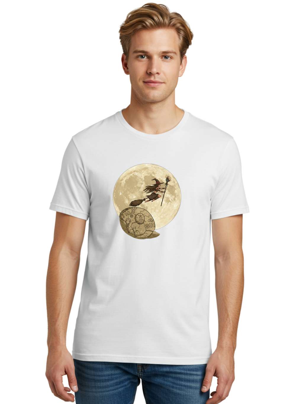 Witch-Flying-On-Broomstick-2 Men'S Graphic Tee, 100% Cotton, Comfortable Casual Summer Wear, Machine Washable, Witch Flying On Broomstick, Full Moon, Mystical Symbols, Lunar Magic, Fantasy Art, Halloween Theme, Mystical Creatures, Bad921