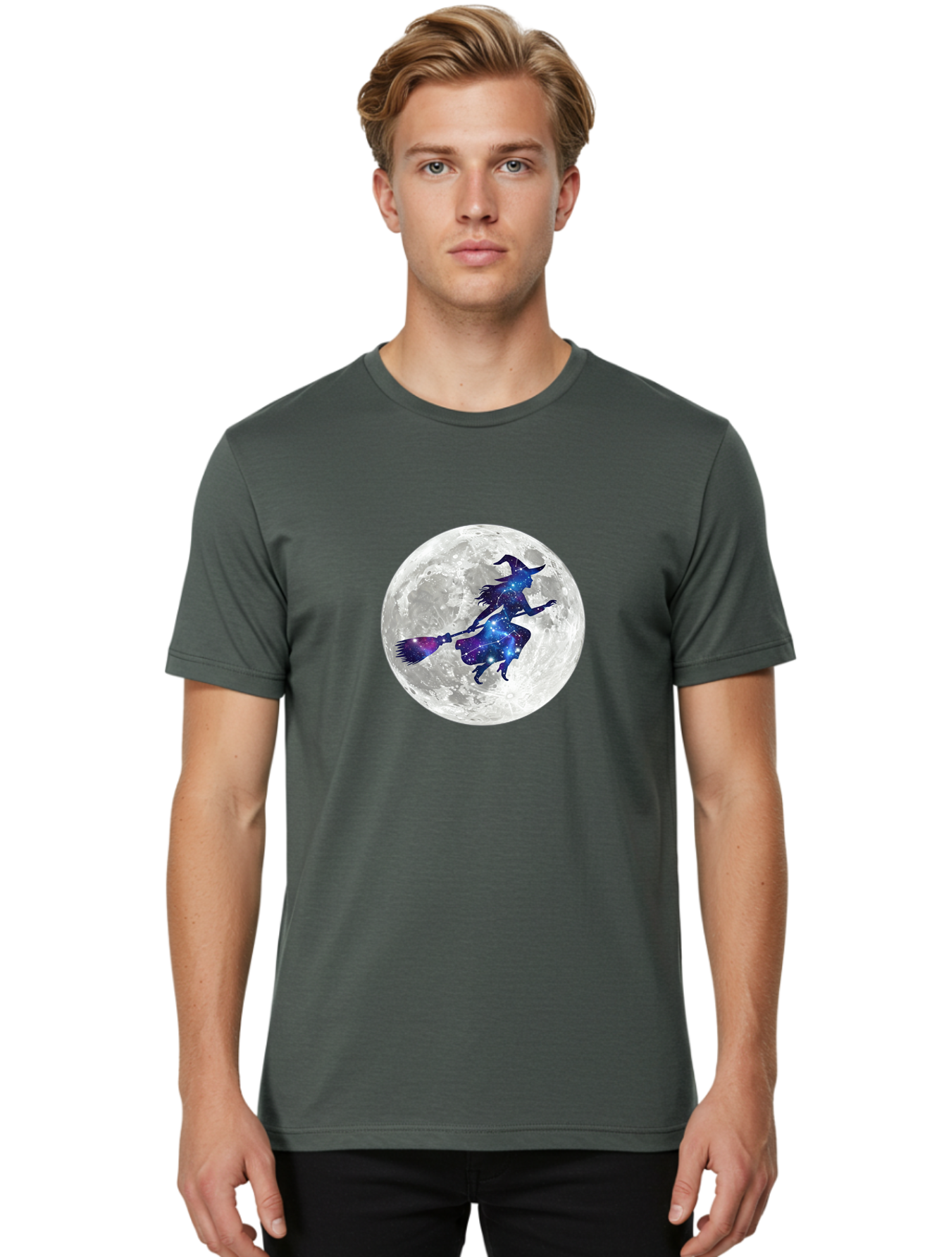 Witch-Flying-On-Broomstick-3 Men'S Graphic Tee, 100% Cotton, Comfortable Casual Summer Wear, Machine Washable, Witch Flying On Broomstick, Full Moon, Galaxy Silhouette, Mystical Magic, Celestial Wonder, Night Sky, Halloween Theme, Bad922