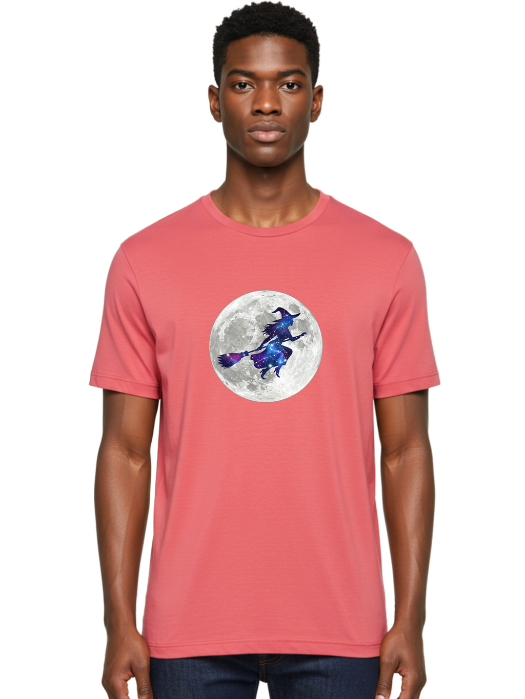 Witch-Flying-On-Broomstick-3 Men'S Graphic Tee, 100% Cotton, Comfortable Casual Summer Wear, Machine Washable, Witch Flying On Broomstick, Full Moon, Galaxy Silhouette, Mystical Magic, Celestial Wonder, Night Sky, Halloween Theme, Bad922