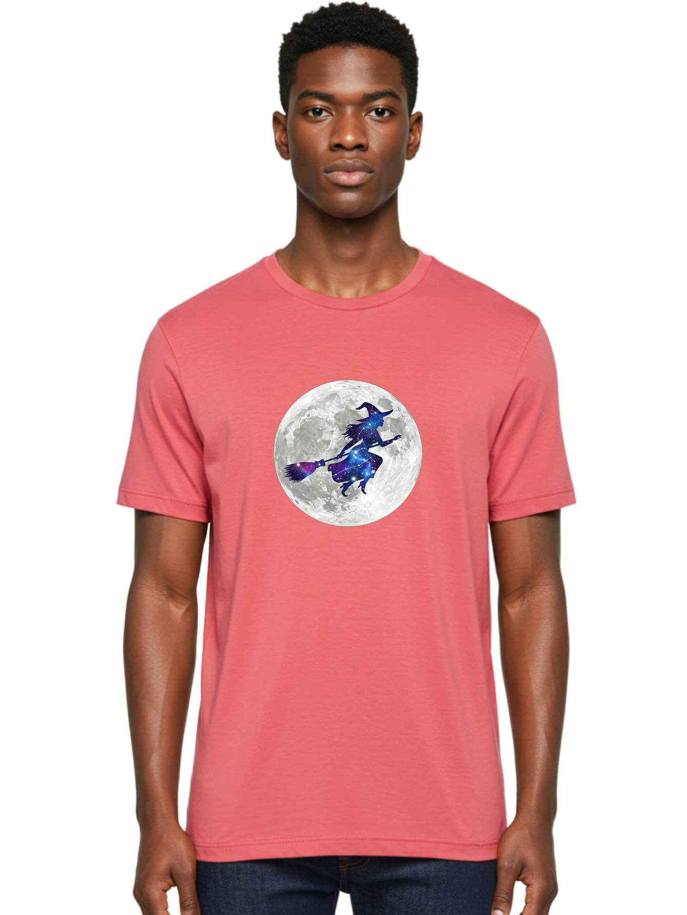 Witch-Flying-On-Broomstick-3 Men'S Graphic Tee, 100% Cotton, Comfortable Casual Summer Wear, Machine Washable, Witch Flying On Broomstick, Full Moon, Galaxy Silhouette, Mystical Magic, Celestial Wonder, Night Sky, Halloween Theme, Bad922