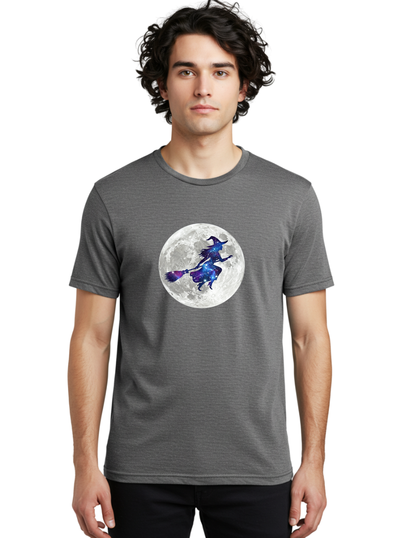 Witch-Flying-On-Broomstick-3 Men'S Graphic Tee, 100% Cotton, Comfortable Casual Summer Wear, Machine Washable, Witch Flying On Broomstick, Full Moon, Galaxy Silhouette, Mystical Magic, Celestial Wonder, Night Sky, Halloween Theme, Bad922