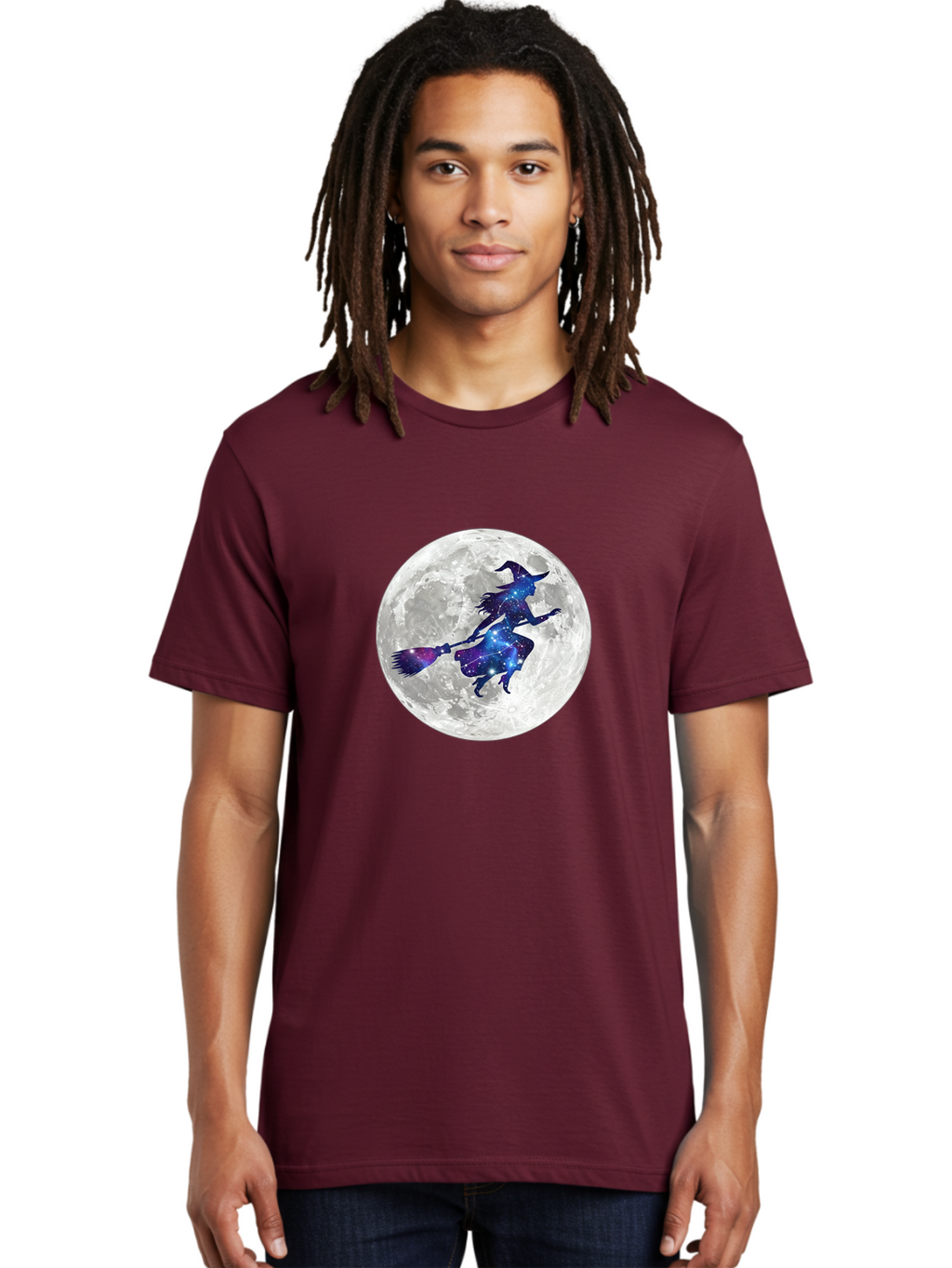 Witch-Flying-On-Broomstick-3 Men'S Graphic Tee, 100% Cotton, Comfortable Casual Summer Wear, Machine Washable, Witch Flying On Broomstick, Full Moon, Galaxy Silhouette, Mystical Magic, Celestial Wonder, Night Sky, Halloween Theme, Bad922