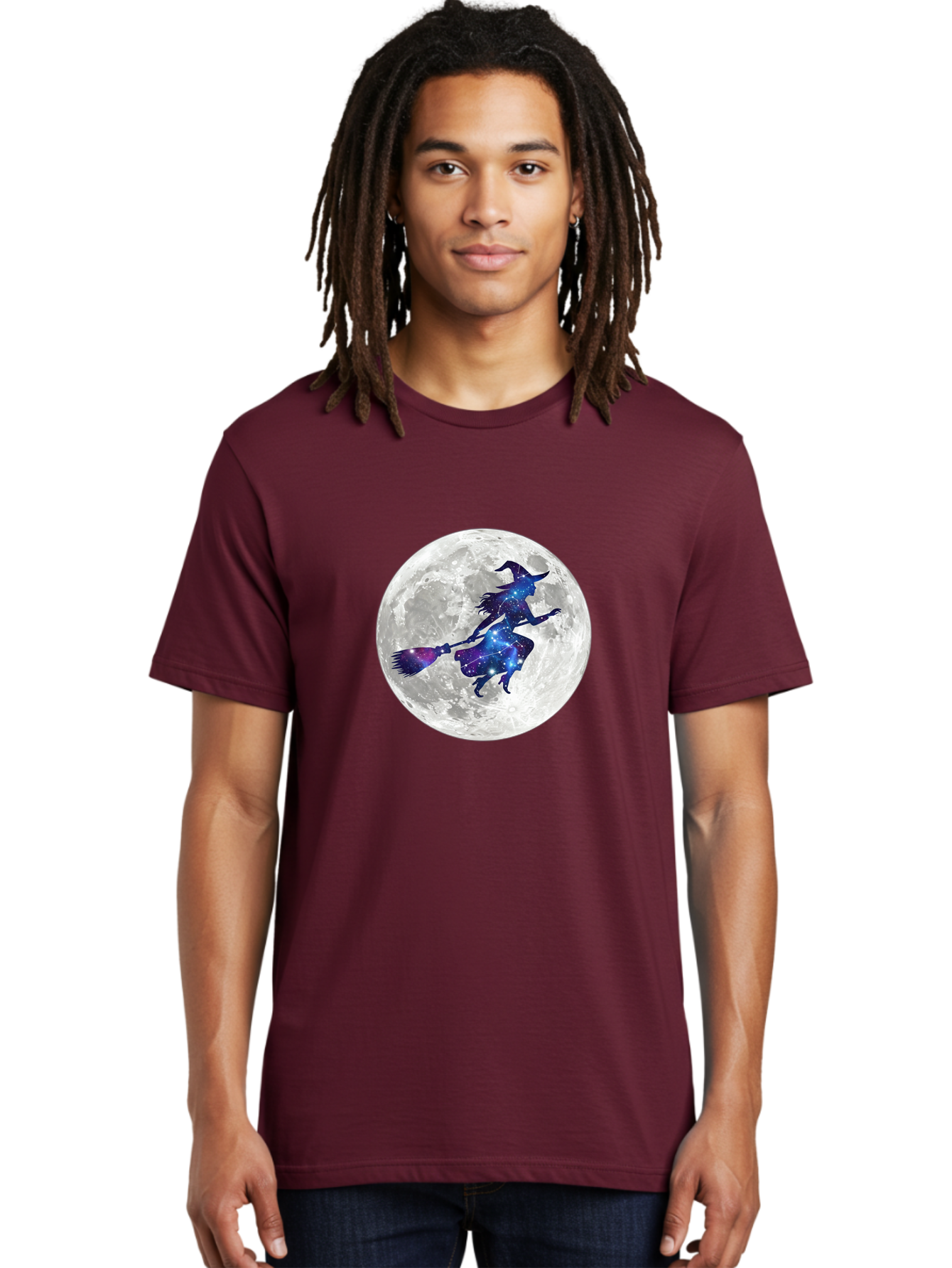 Witch-Flying-On-Broomstick-3 Men'S Graphic Tee, 100% Cotton, Comfortable Casual Summer Wear, Machine Washable, Witch Flying On Broomstick, Full Moon, Galaxy Silhouette, Mystical Magic, Celestial Wonder, Night Sky, Halloween Theme, Bad922