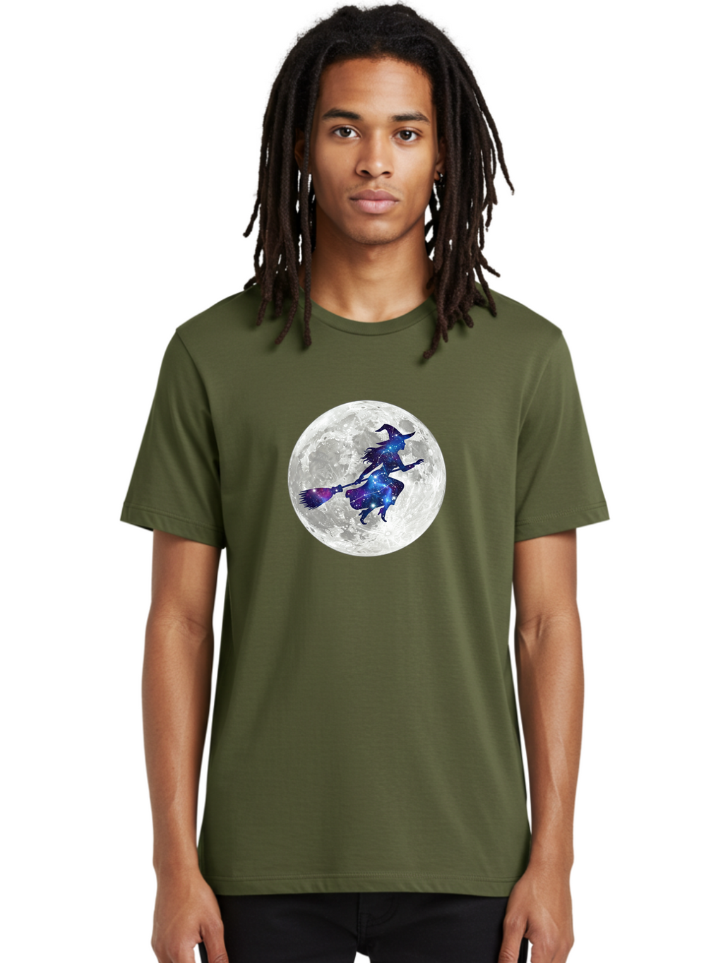 Witch-Flying-On-Broomstick-3 Men'S Graphic Tee, 100% Cotton, Comfortable Casual Summer Wear, Machine Washable, Witch Flying On Broomstick, Full Moon, Galaxy Silhouette, Mystical Magic, Celestial Wonder, Night Sky, Halloween Theme, Bad922