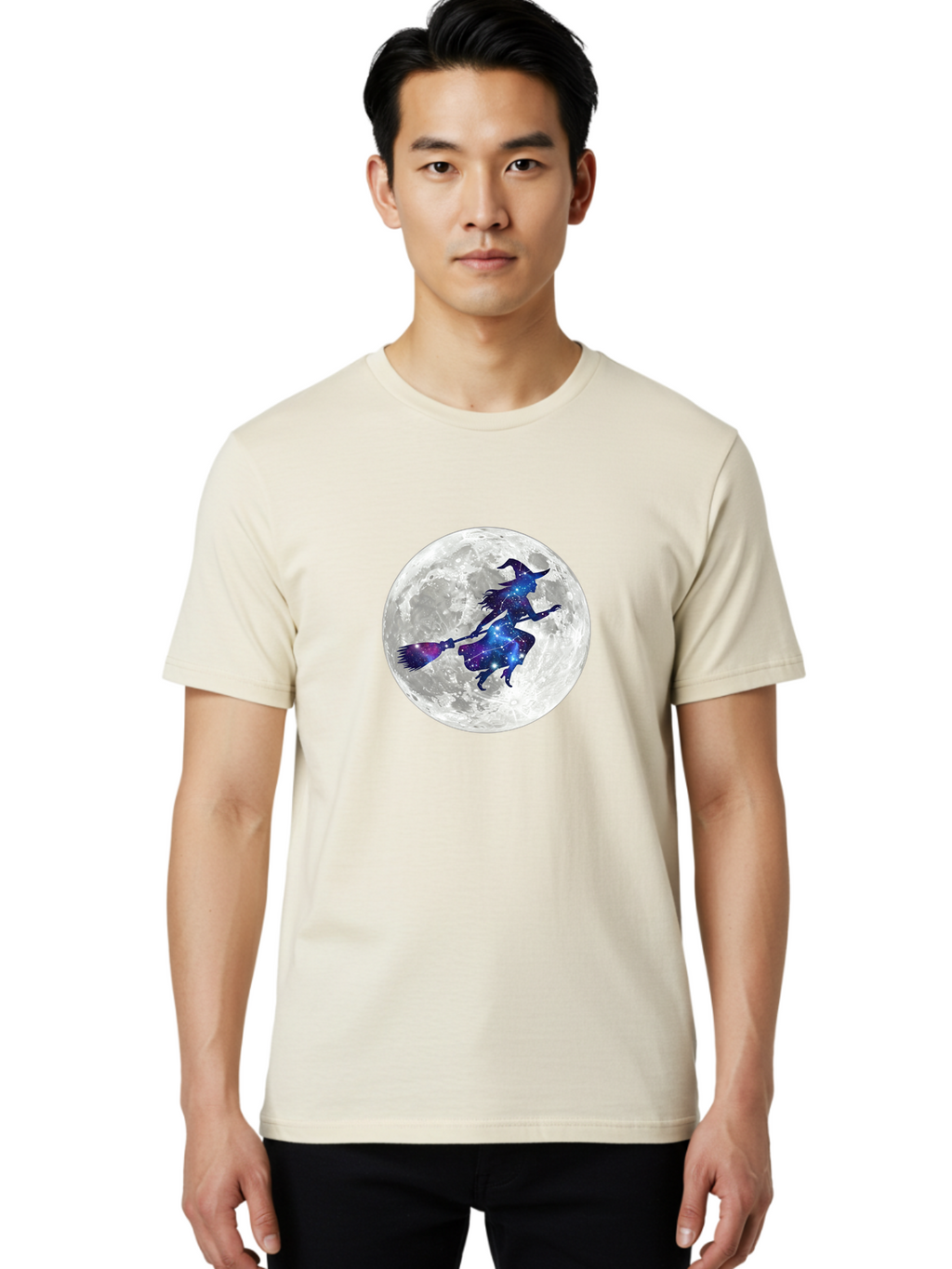 Witch-Flying-On-Broomstick-3 Men'S Graphic Tee, 100% Cotton, Comfortable Casual Summer Wear, Machine Washable, Witch Flying On Broomstick, Full Moon, Galaxy Silhouette, Mystical Magic, Celestial Wonder, Night Sky, Halloween Theme, Bad922