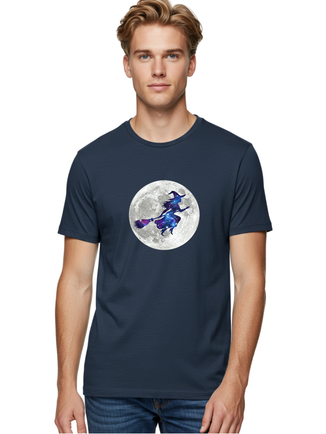 Witch-Flying-On-Broomstick-3 Men'S Graphic Tee, 100% Cotton, Comfortable Casual Summer Wear, Machine Washable, Witch Flying On Broomstick, Full Moon, Galaxy Silhouette, Mystical Magic, Celestial Wonder, Night Sky, Halloween Theme, Bad922