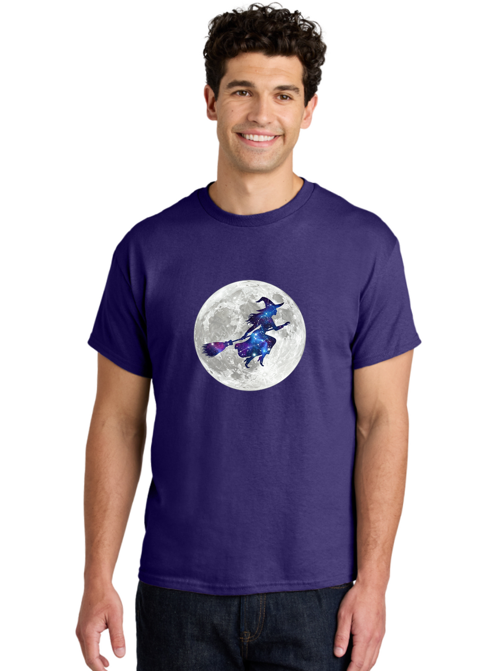 Witch-Flying-On-Broomstick-3 Men'S Graphic Tee, 100% Cotton, Comfortable Casual Summer Wear, Machine Washable, Witch Flying On Broomstick, Full Moon, Galaxy Silhouette, Mystical Magic, Celestial Wonder, Night Sky, Halloween Theme, Bad922