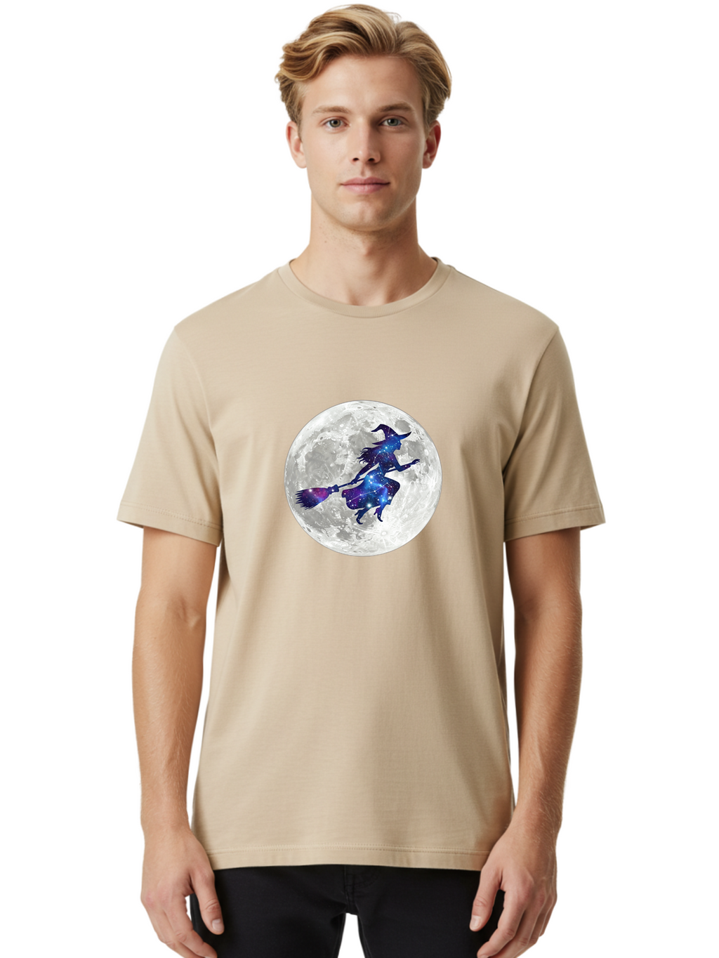 Witch-Flying-On-Broomstick-3 Men'S Graphic Tee, 100% Cotton, Comfortable Casual Summer Wear, Machine Washable, Witch Flying On Broomstick, Full Moon, Galaxy Silhouette, Mystical Magic, Celestial Wonder, Night Sky, Halloween Theme, Bad922