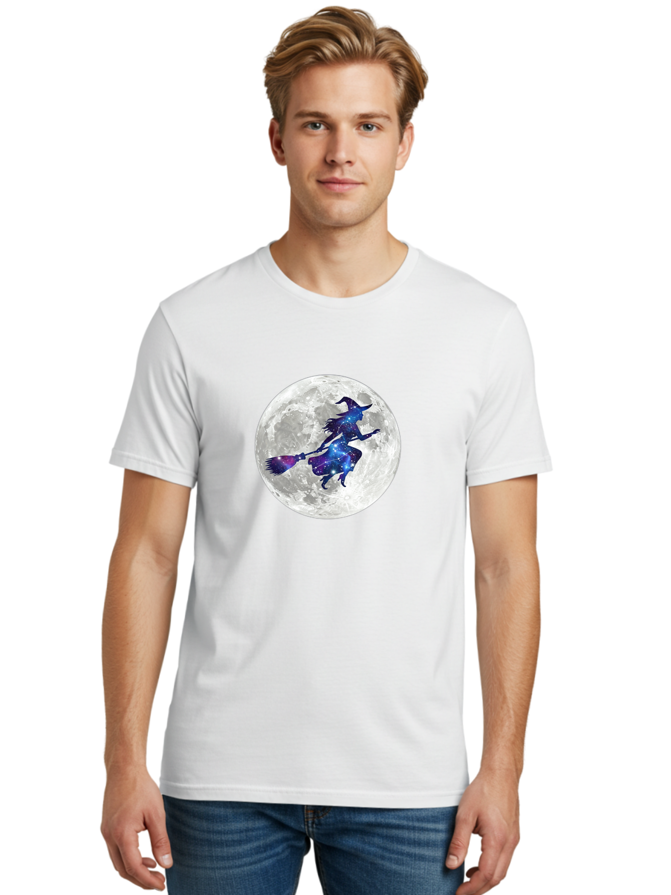 Witch-Flying-On-Broomstick-3 Men'S Graphic Tee, 100% Cotton, Comfortable Casual Summer Wear, Machine Washable, Witch Flying On Broomstick, Full Moon, Galaxy Silhouette, Mystical Magic, Celestial Wonder, Night Sky, Halloween Theme, Bad922